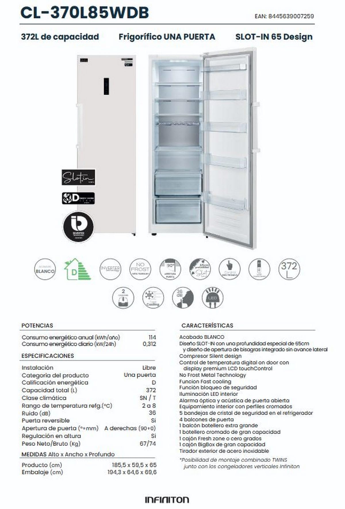 INFINITON ELECTRONICS Frigorifico Una Puerta CL-370L85WDB, 185 cm de Altura, 60 cm de Ancho, D, Total No Frost, 372 Litros de Capacidad, Puerta Reversible, Blanco