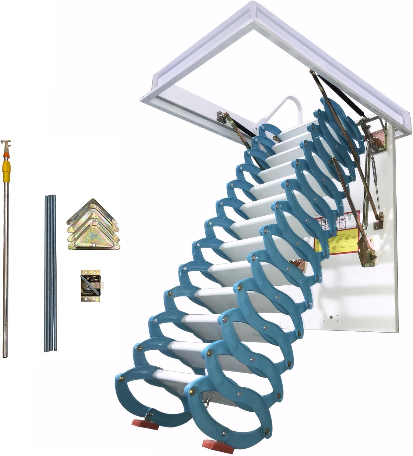 Aluminium Attic Ladder Pull Down System, 13 Steps Attic Ceiling Folding Ladder Stairs, 10.5ft Height, 660 lbs Load, Opening Size 27.56'' x 47.24'', Blue S-Bend Structure