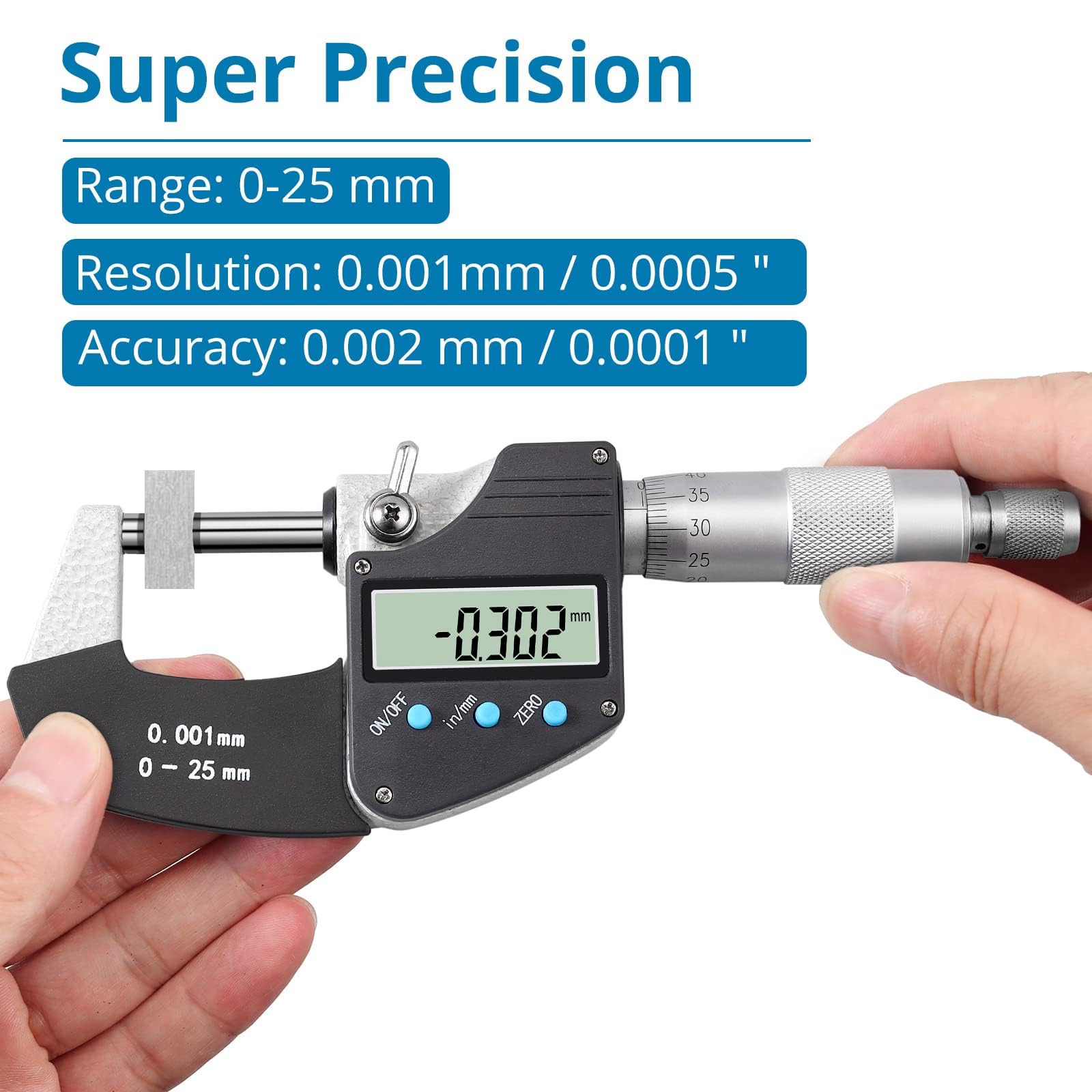 AUTOUTLET Micrometer Digitale Bügelmessschrauben 0-25 mm/ 0.001mm(0.00005"), LCD Digitale Mikrometer Mikrometerschieber Zoll/Metrische Messung, Hohe Präzision Messwerkzeug Mikrometer