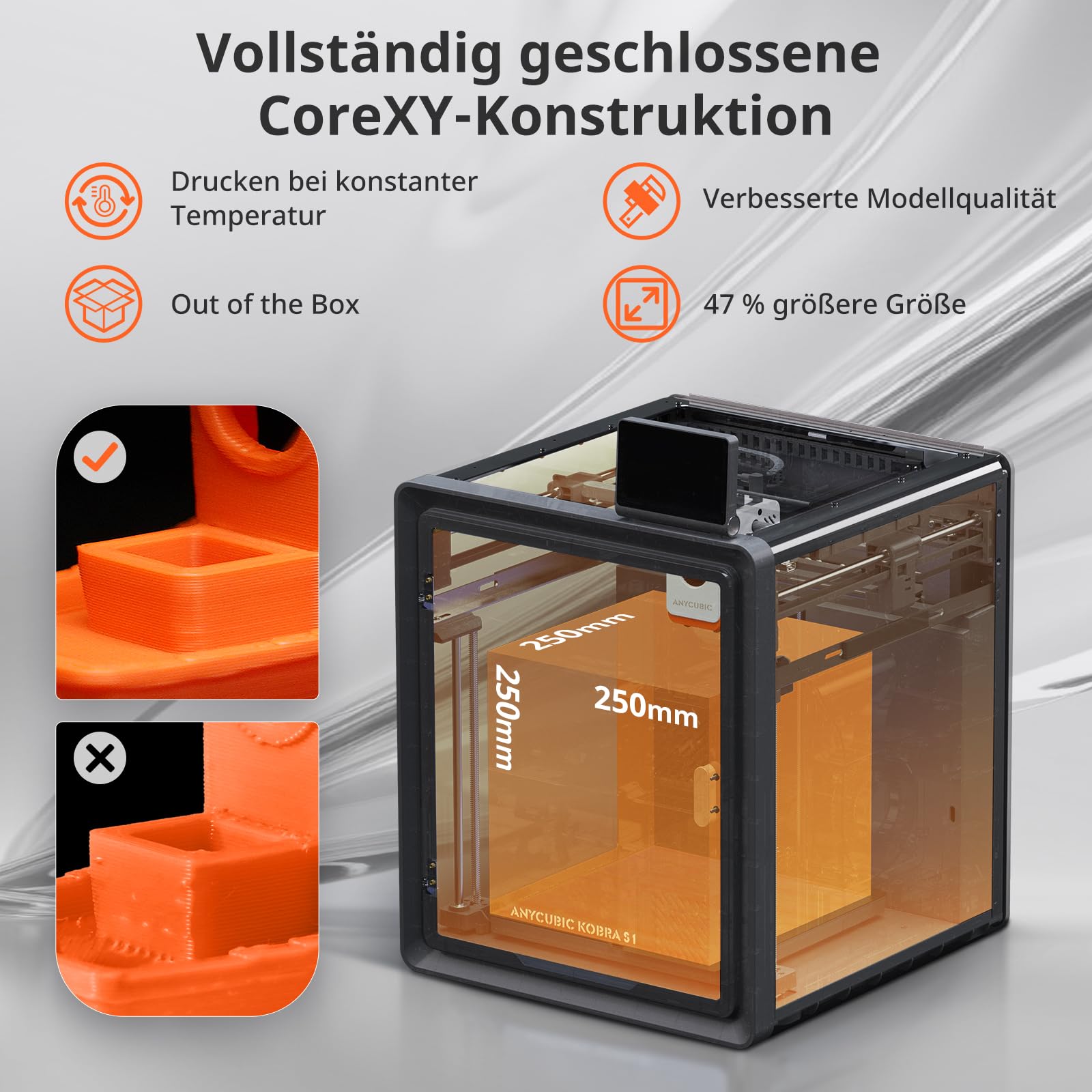 Anycubic Kobra S1 3D-Drucker, 600 mm/s Hochgeschwindigkeit, Schnell Abnehmbares 320 °C Hotend, Optionaler Mehrfarbendruck über ACE Pro, Druckgröße 250 x 250 x 250 mm