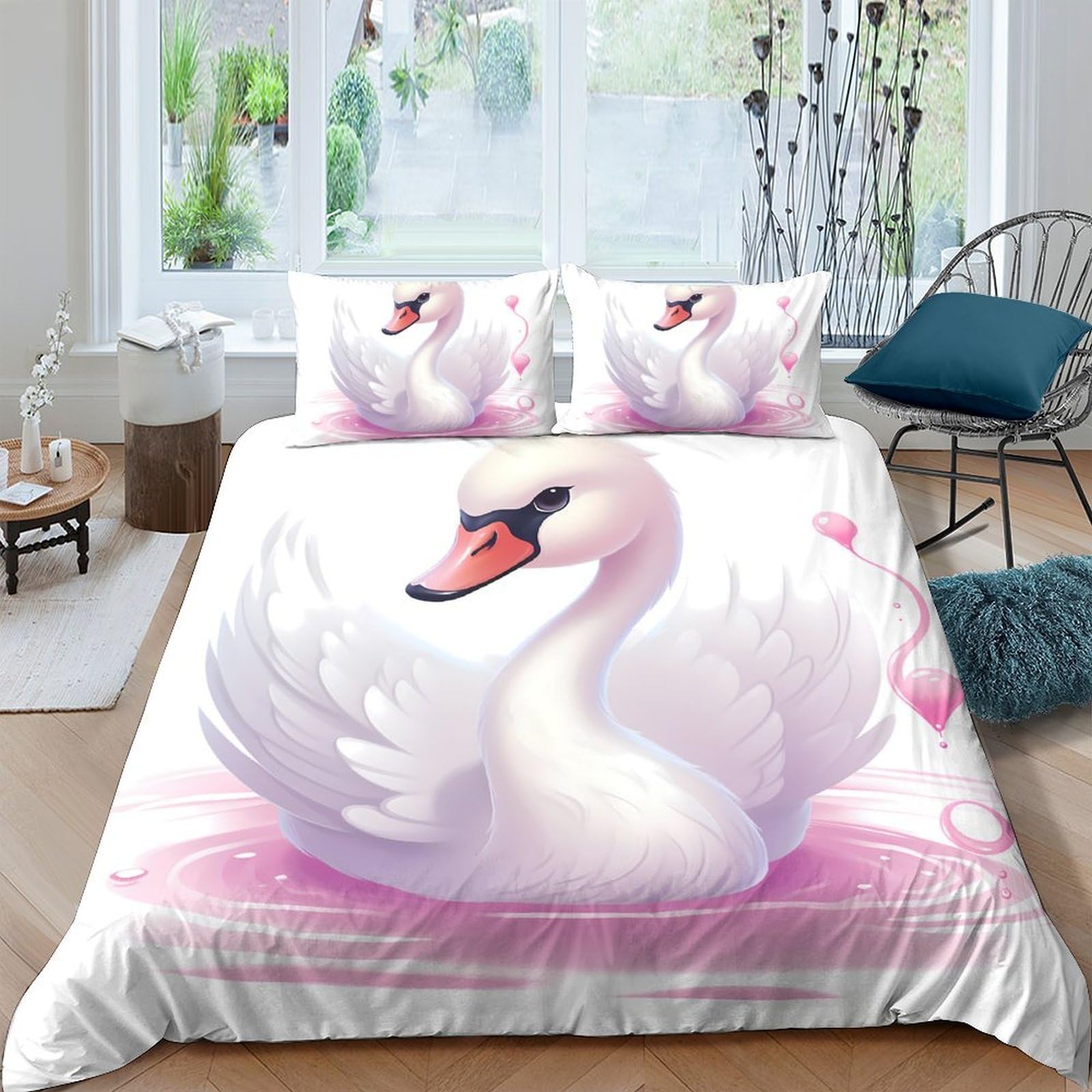 Ctjqhvkz Style-8 3D Printed Swan Elegance Fitted Sheet Microfiber Soft Pink Feather Bed Cover For Bedroom Guest Room Décor Protection Single（135X200cm）