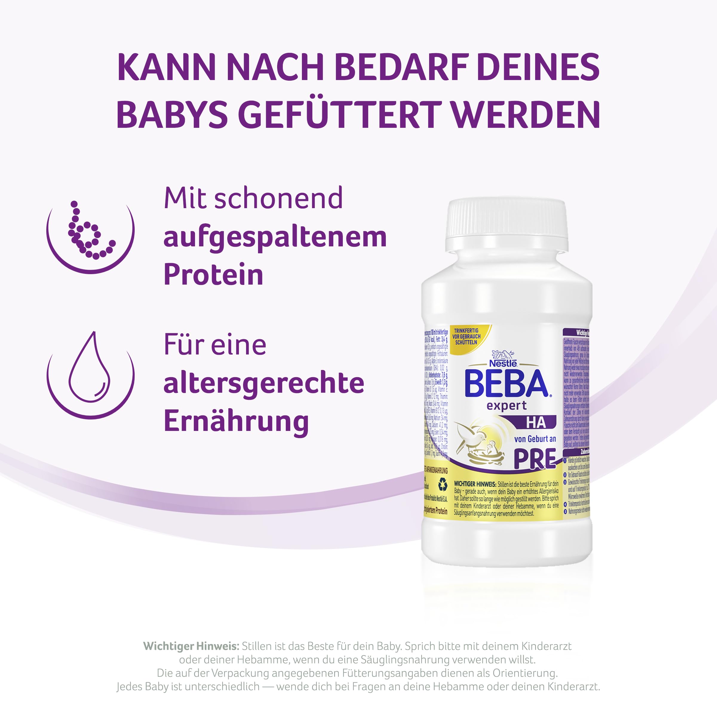 Nestlé BEBA expert HA PRE Hydrolysierte Anfangsnahrung, Säuglingsnahrung von Geburt an, 12er Pack (12 x 200ml)