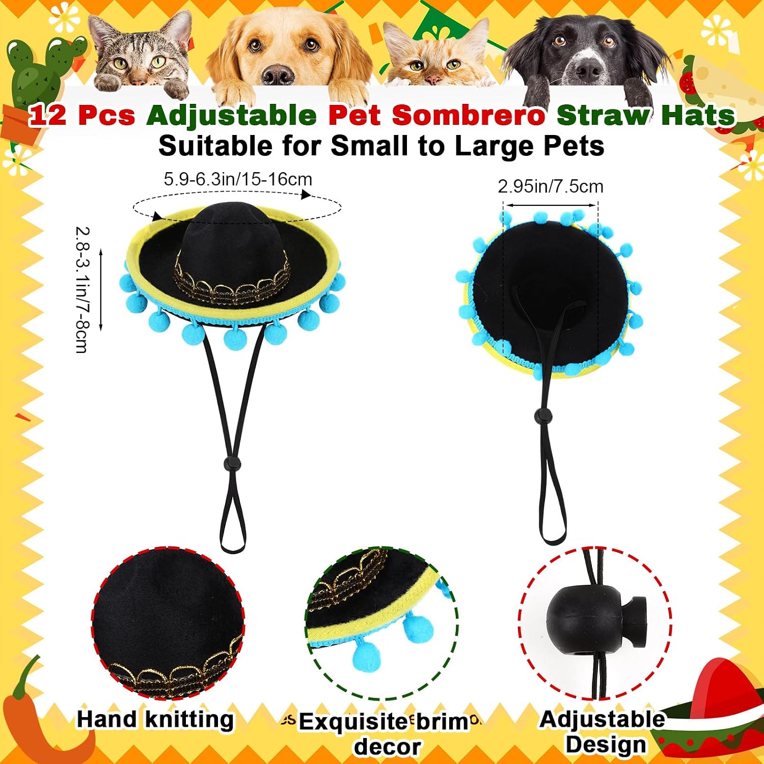 Shinylin 12 Pcs Mini Dog Sombrero Hats with Chin Strap, Small Cat Mexican Hats Bulk Fiesta Costume Headwear for Pets