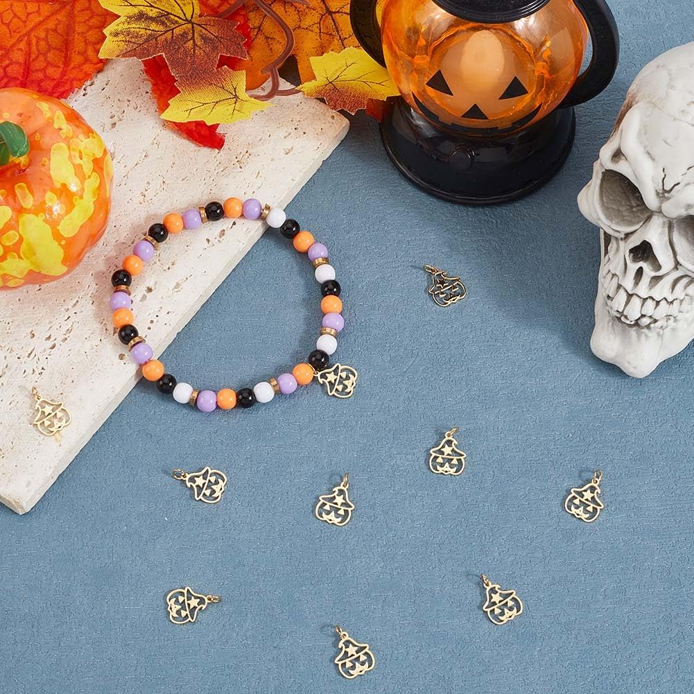 Beebeecraft 1 Box 12Pcs Jack O Lantern Charms 14K Gold Plated 304 Stainless Steel Pumpkin Halloween Charms with Jump Ring for Jewelry Making Necklace Bracelets DIY Crafts
