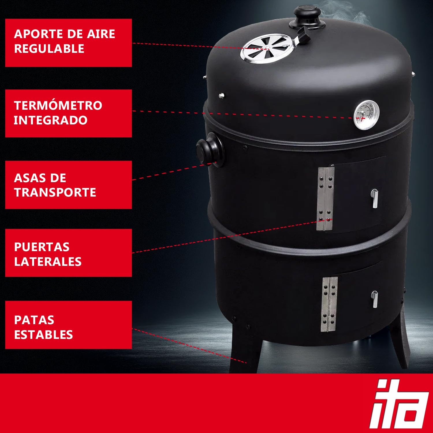 ITA Parrilla Ahumador 3 en 1 Multifuncional - Asar, Ahumar, Cocinar - Parrilla de Carbón Modular con Termómetro y Regulador de Aire en Tapa - Barril Ahumador