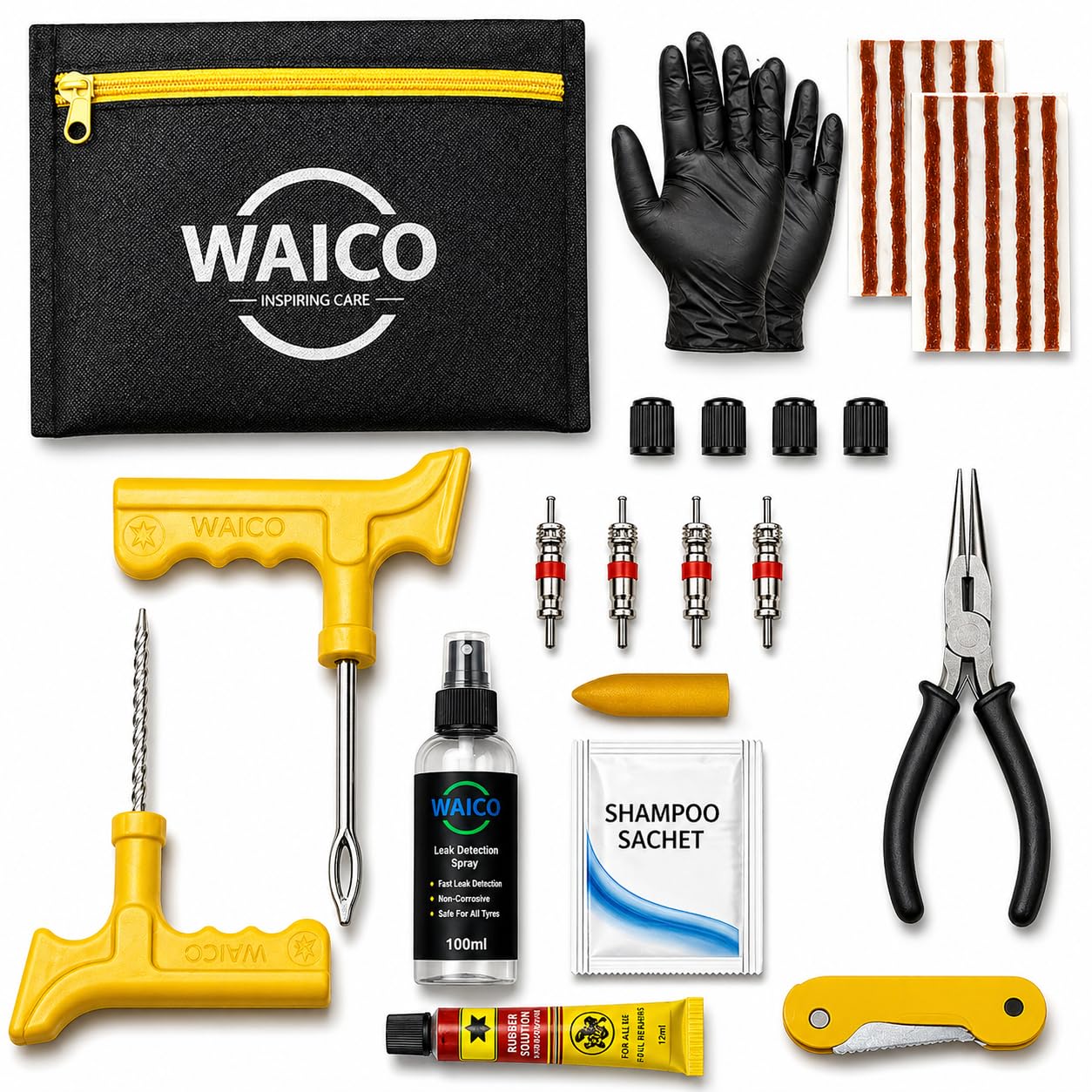 WAICO 13 in 1 Tubeless Tyre Puncture Kit | Reamer, Probe,10-Rubber Strips, Gloves, Plier, Knife, Sloution, Chalk, Spray Bottle, Storage Bag, | Emergency Flat Tire Repair Tools for Car, Bike, & SUVs-image-22