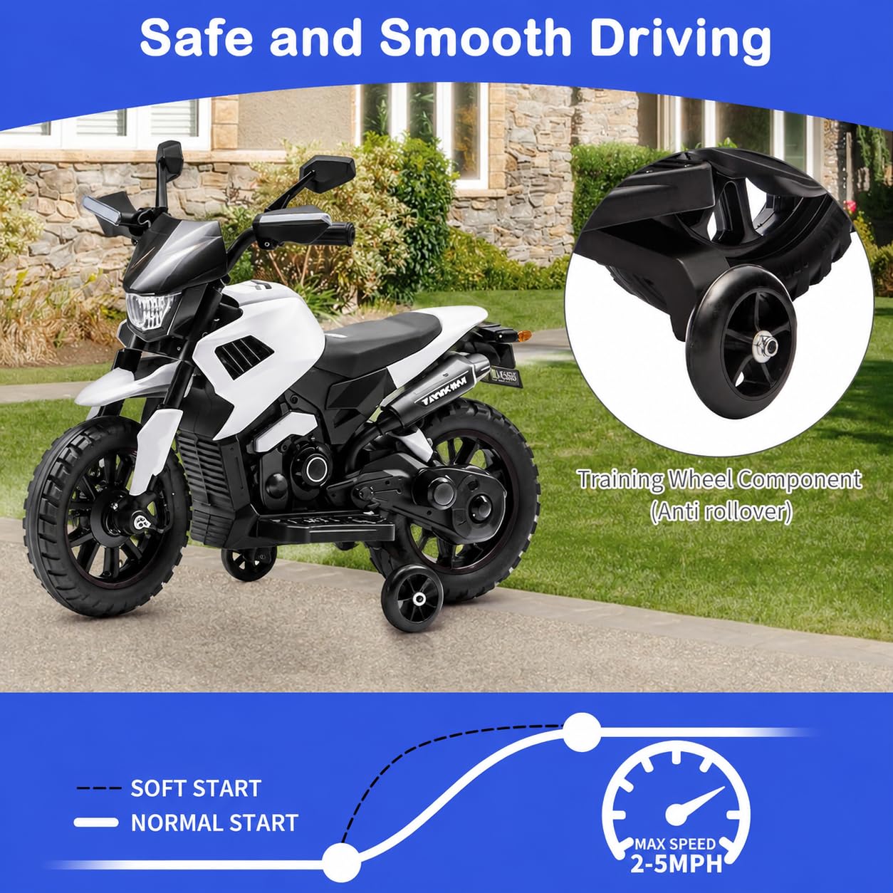 Garvee Moto Elettrica per Bambini 6V con Ruote Stabilizzatrici | Fari LED, Musica, MP3, USB, Batteria 6V4Ah, Velocità 3-8 km/h, Carico 30 kg, per Bambini 3-6 Anni, 85x42x58 cm, Bianco