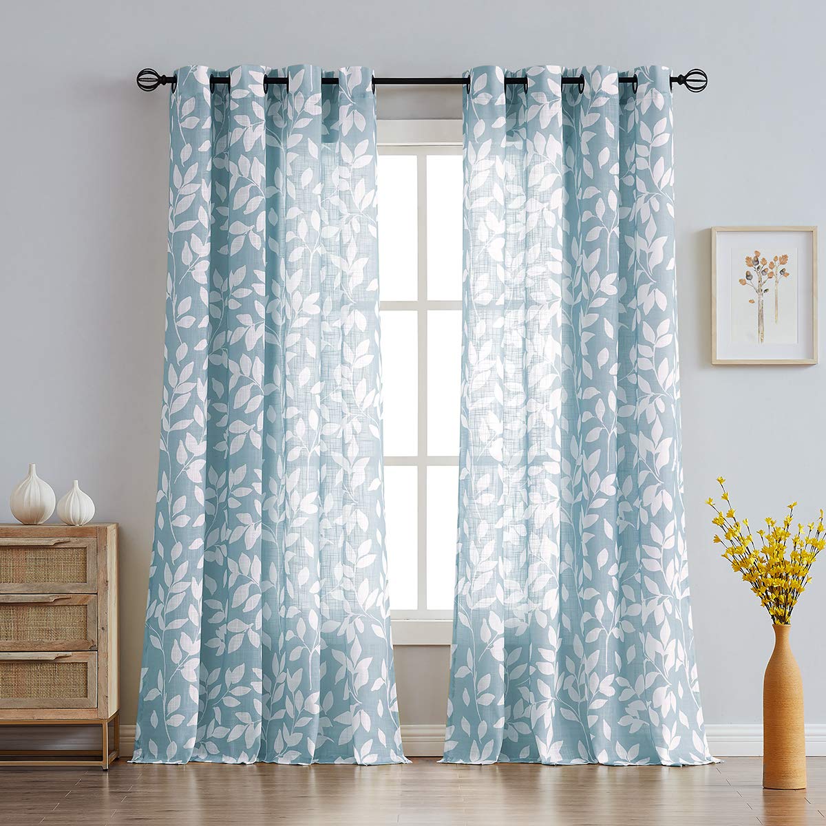 Treatmentex Blue Semi-Sheer Curtains for Living Room Windows 95" Long White Print Leaf Curtains for Bedroom Grommet Top Curtain Panels, 1 Pair