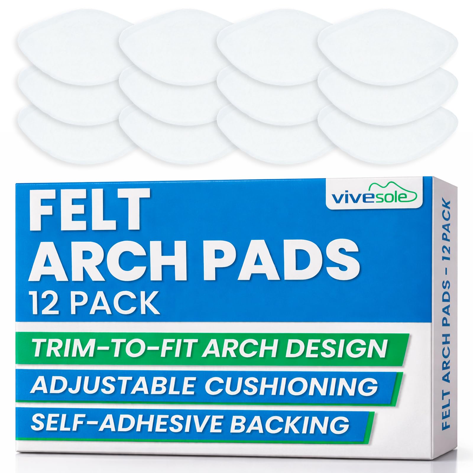 ViveSole Arch Supports for Women & Men (12 Pack) - Felt Insert with Adhesive - Foot Pads for Shoes, Sandals, Flip Flops, Boots, High Heels, Flat Feet,