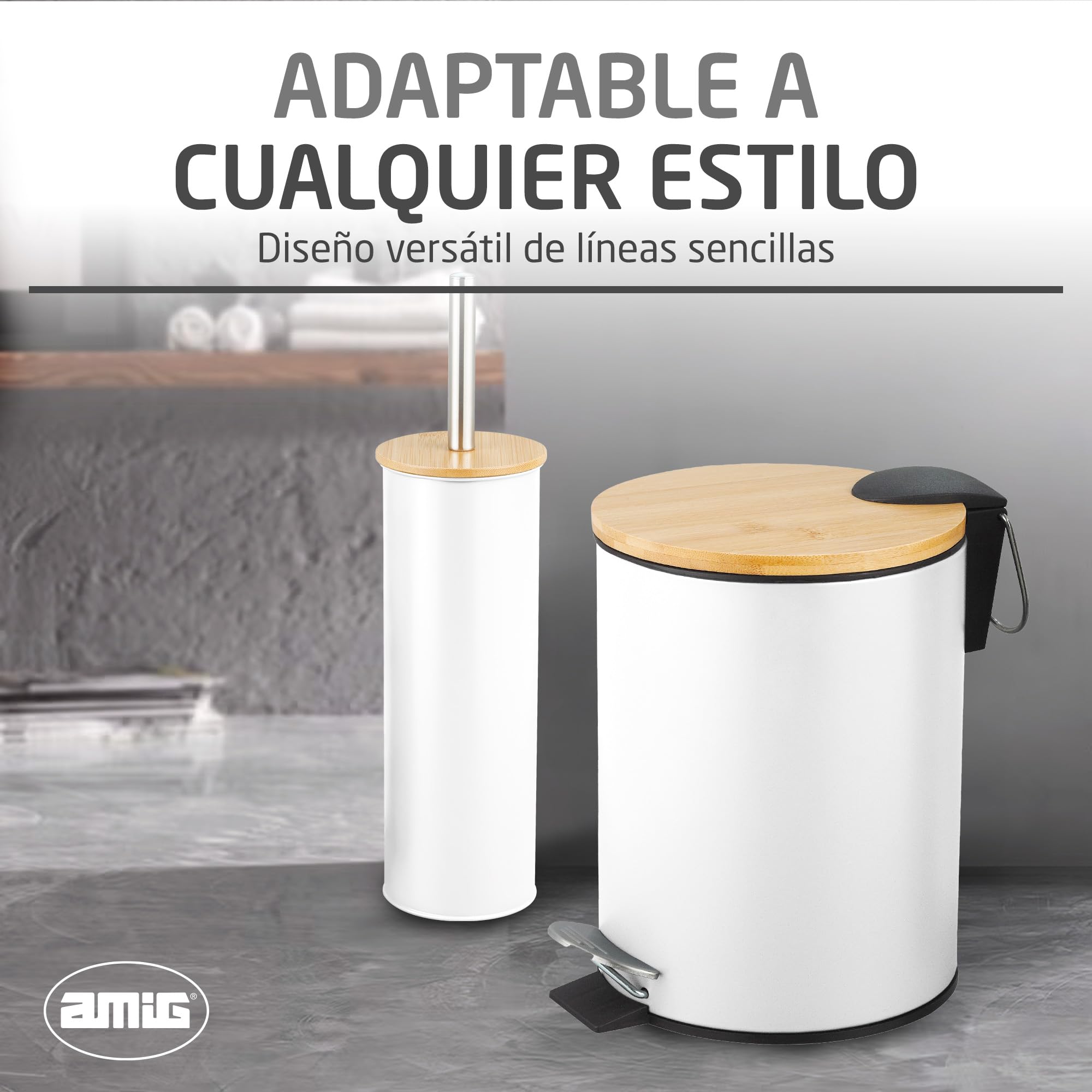 Amig - Pack de Papelera y Escobillero Naturline - Ø168 x 230 mm - Acero y Bambú - Color Blanco - Juego de Baño Compacto y Coordinado - Ideal para Espacios Modernos y Naturales