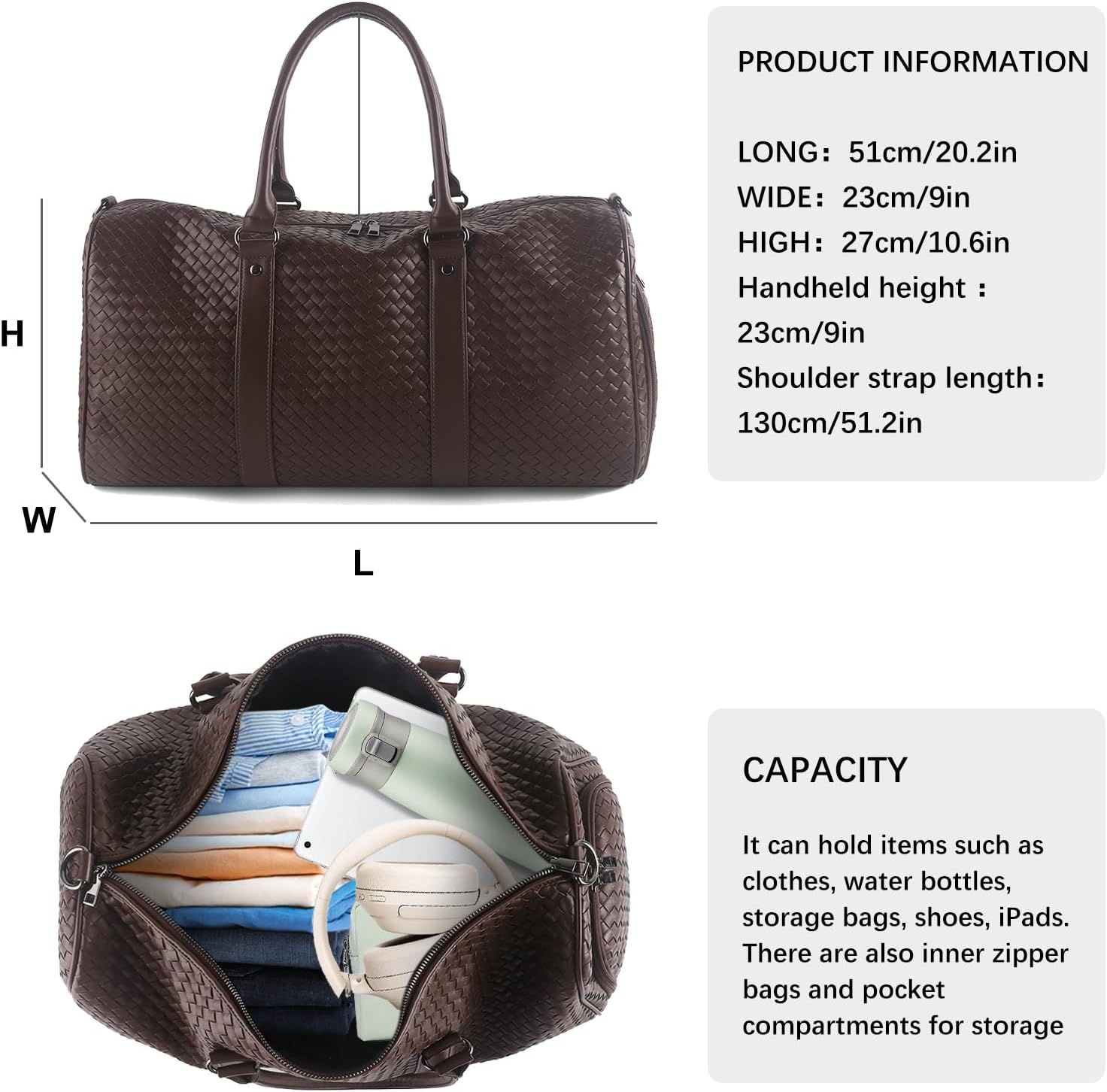 Weekender Bags for Women Woven Leather Travel Duffle Bag with Shoe Compartment, Carry On Garment Bag for Men Women, Large Capacity Water-resistant Gym Tote (Coffee)