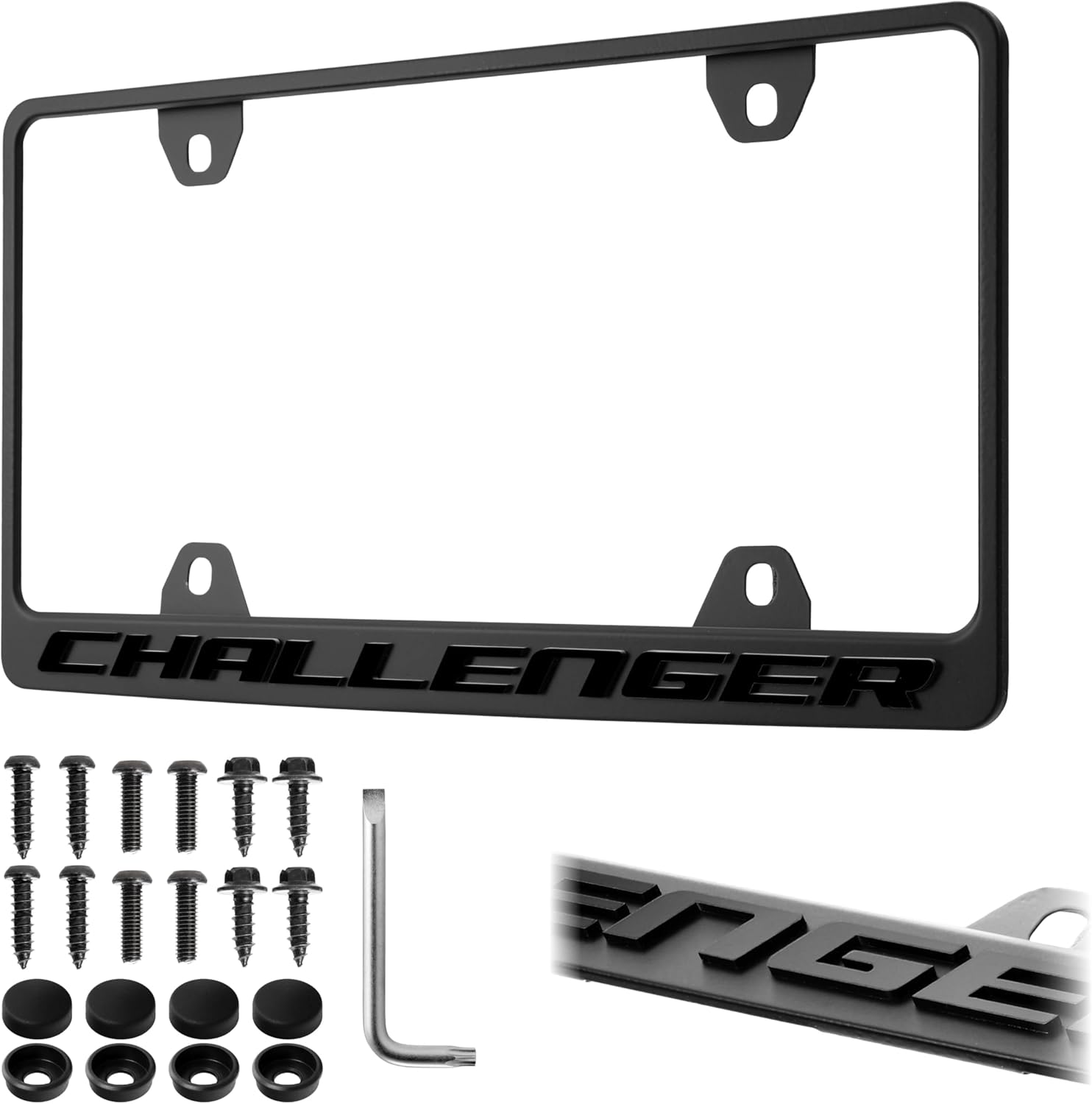 Challenger License Plate Frame – Stealth Black Powder Coat UV Resistant STAINLESS METAL Plate Holder - One Piece - Compatible with 2008-2023 Challenger (3D RAISED LETTERS with MOUNTING HARDWARE)