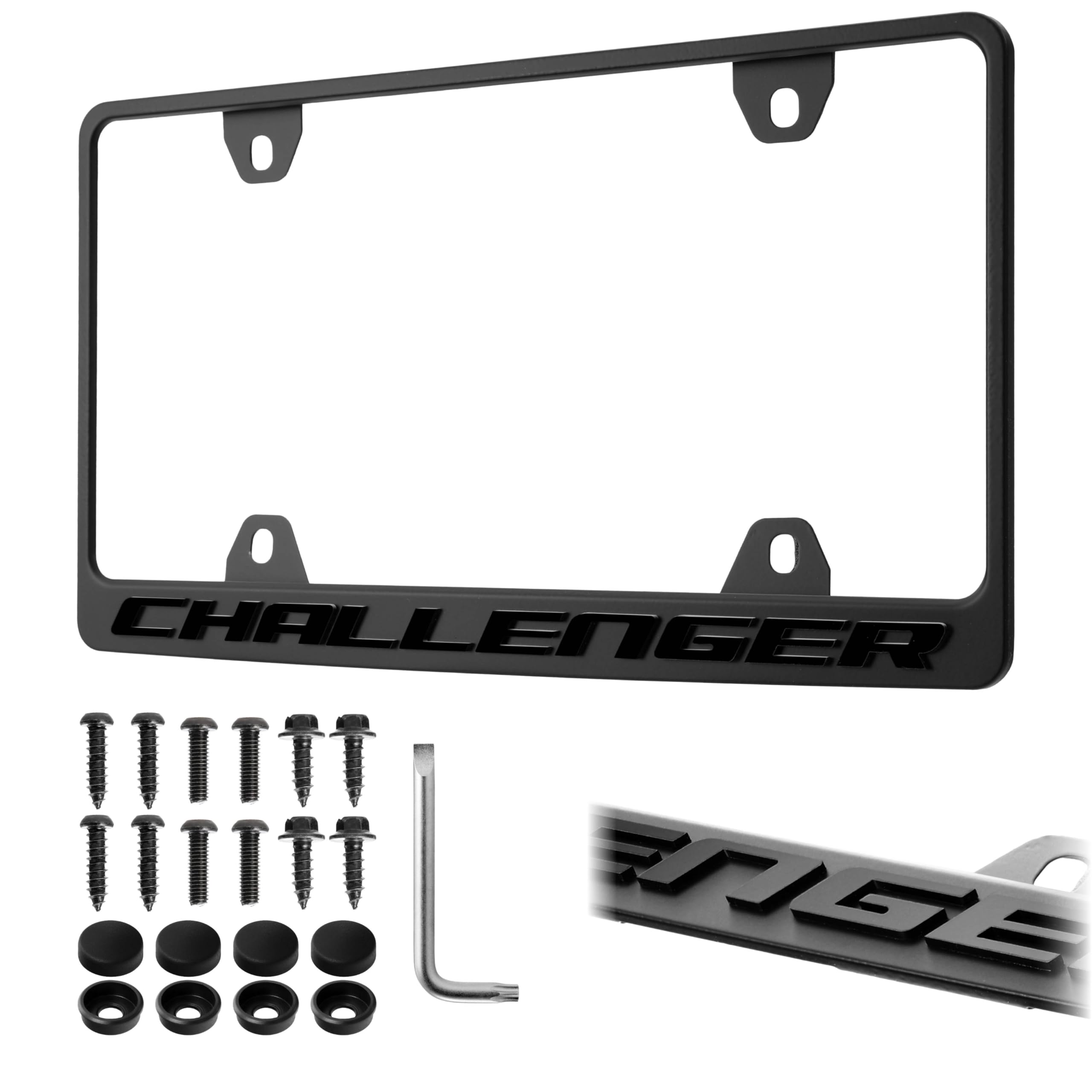 Challenger License Plate Frame – Stealth Black Powder Coat UV Resistant STAINLESS METAL Plate Holder - One Piece - Compatible with 2008-2023