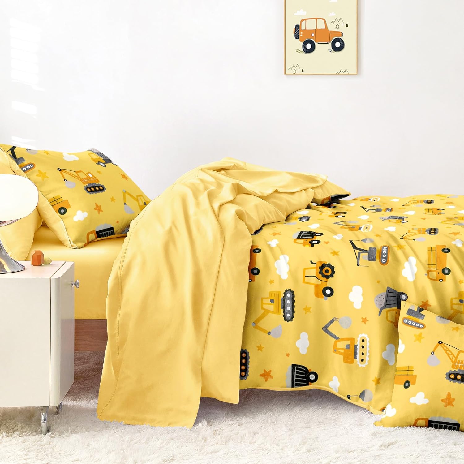 Wake In Cloud - Construction Car Bedding Set for Boys, Excavator Truck Crane Tractor, Soft Lightweight Comforter Set with Sheets, 5 Pieces Kids Bed in a Bag, Yellow, Twin Size