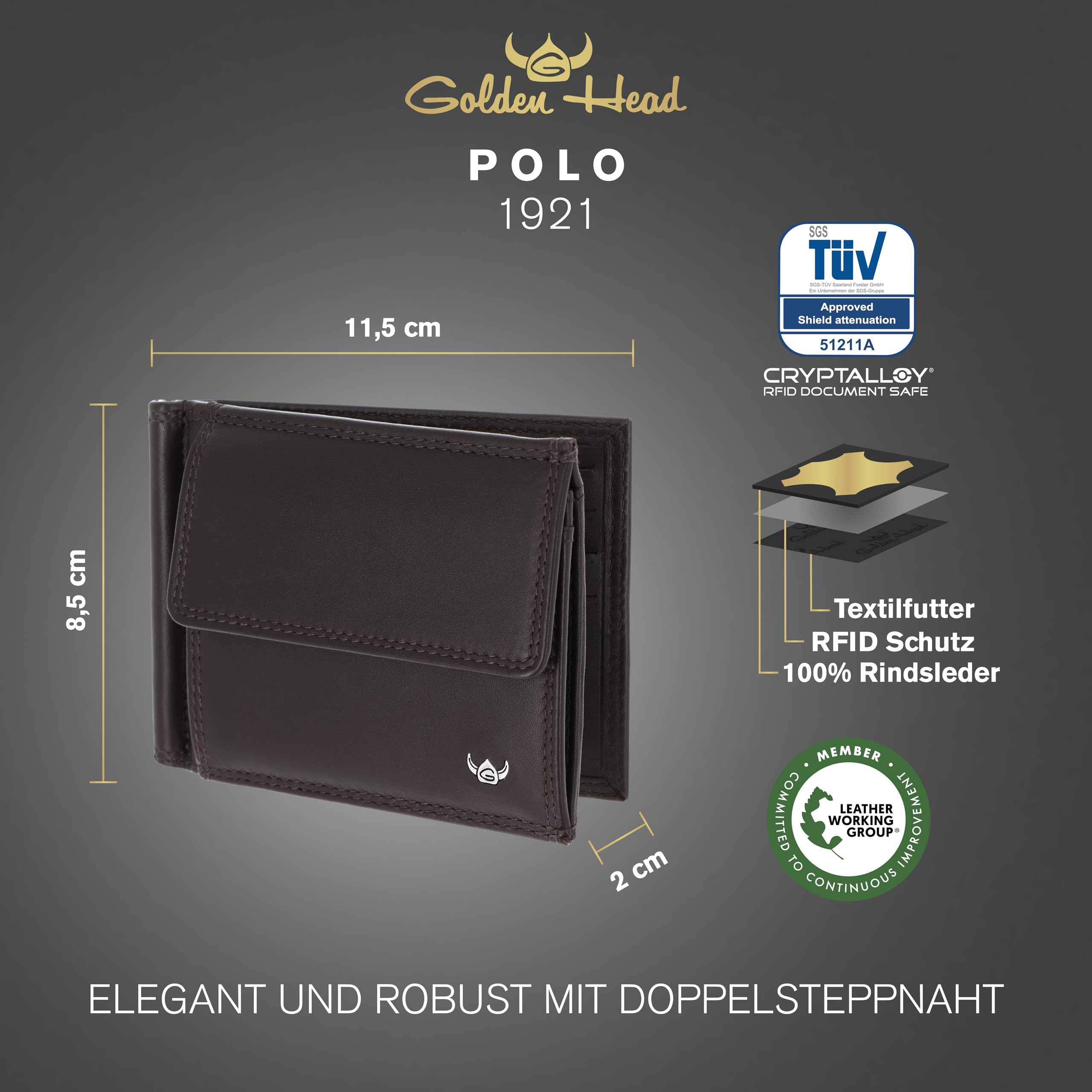 Golden Head Cuir Porte-Monnaie Pince à Billets Polo RFID Protect Clip-Scheintasche 1921 Dunkelbraun Marron foncé
