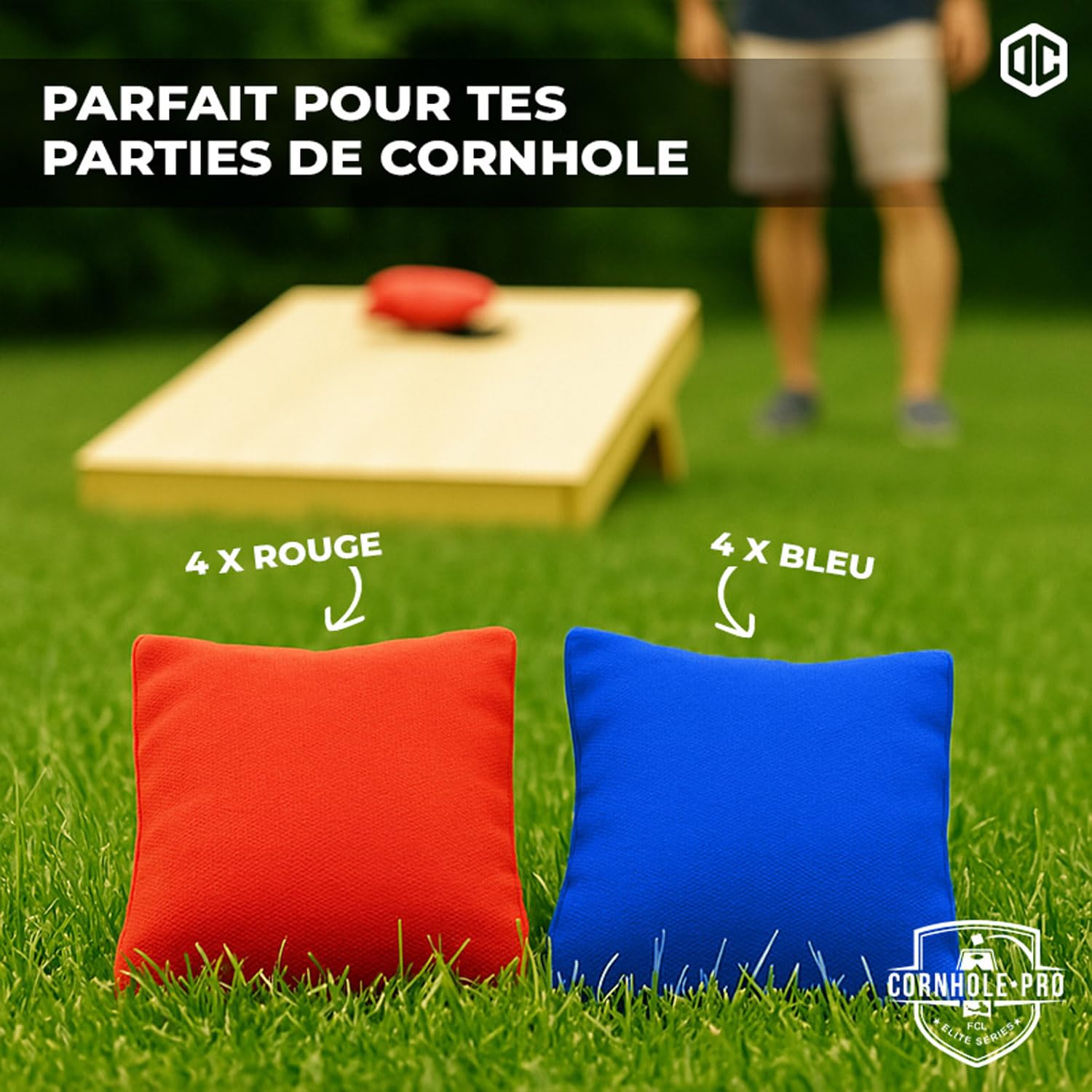 Sacs Officiels de Cornhole | 4 Sacs Bleus et 4 Sacs Rouges | Dimensions Officielles | Qualité Premium | 100% Coton | Waterproof | Jeu Américain | Jeu d'Extérieur | Amis & Famille | OriginalCup®