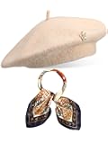 3 Pcs Wool Beret Solid Color French Beanie Hat with Silky Scarf Brooch for Women Girls Gift