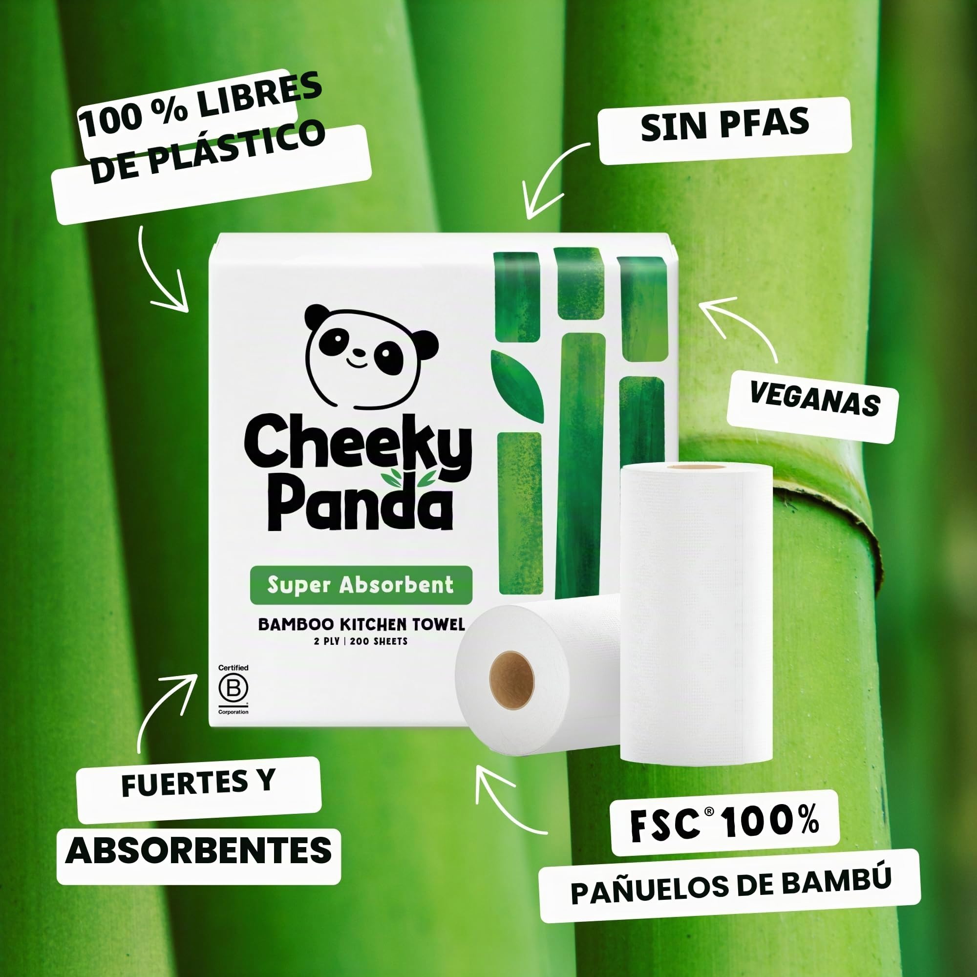 The Cheeky Panda Papel Cocina de Bambú | 10 x Rollo Cocina | 2 Capas – 100 Hojas Por Rollo | Super Absorbente y Ecológico | Sin Plásticos y Certificado FSC