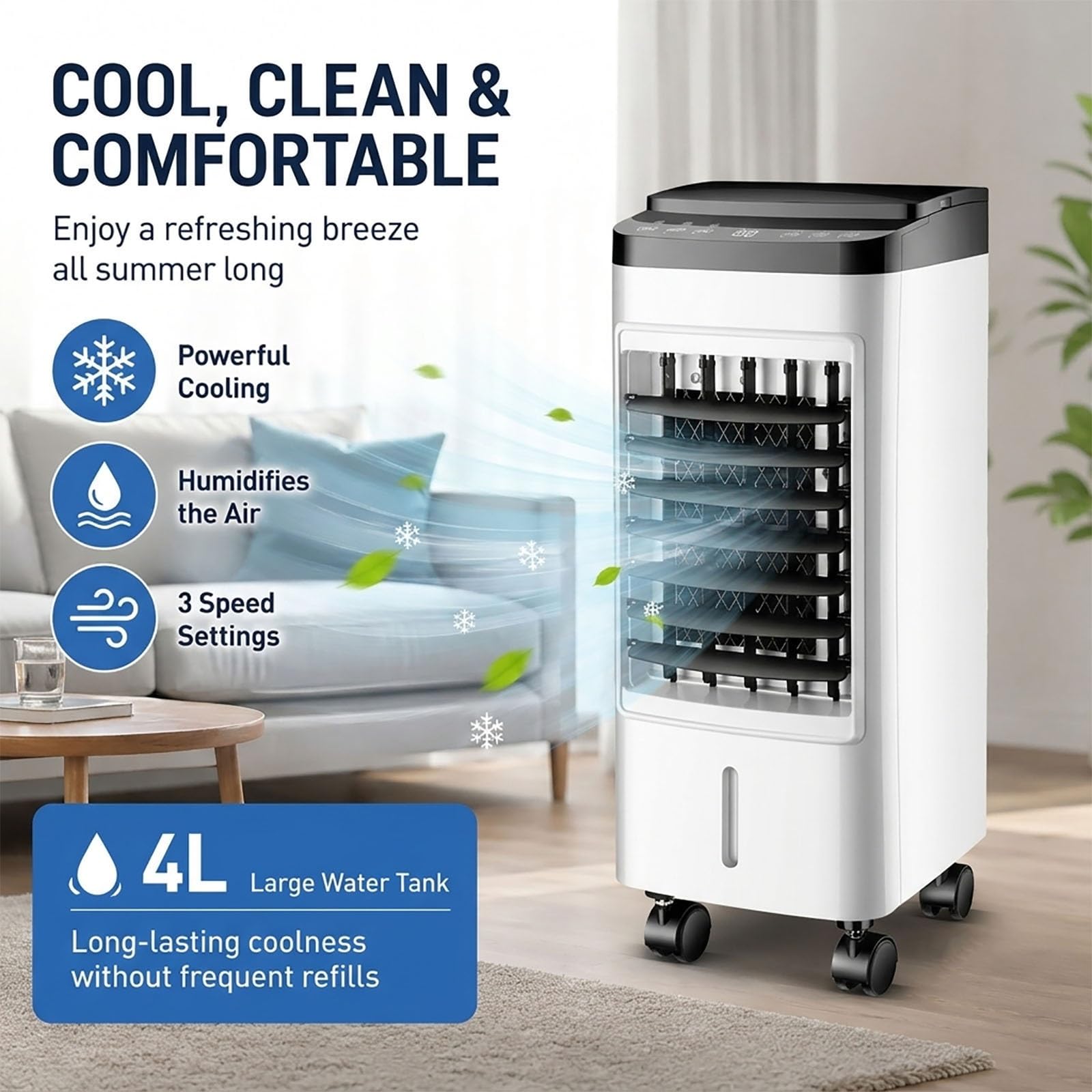 Chłodziarka Powietrza Do Domu, Nawilżacz Parowy 3 W 1 I Wentylator Ze Zbiornikiem Na Wodę 4 L, 3 Ustawienia Prędkości, Automatyczna Oscylacja 120°, Przenośna Klimatyzacja Z Pilotem Do Sypialni I