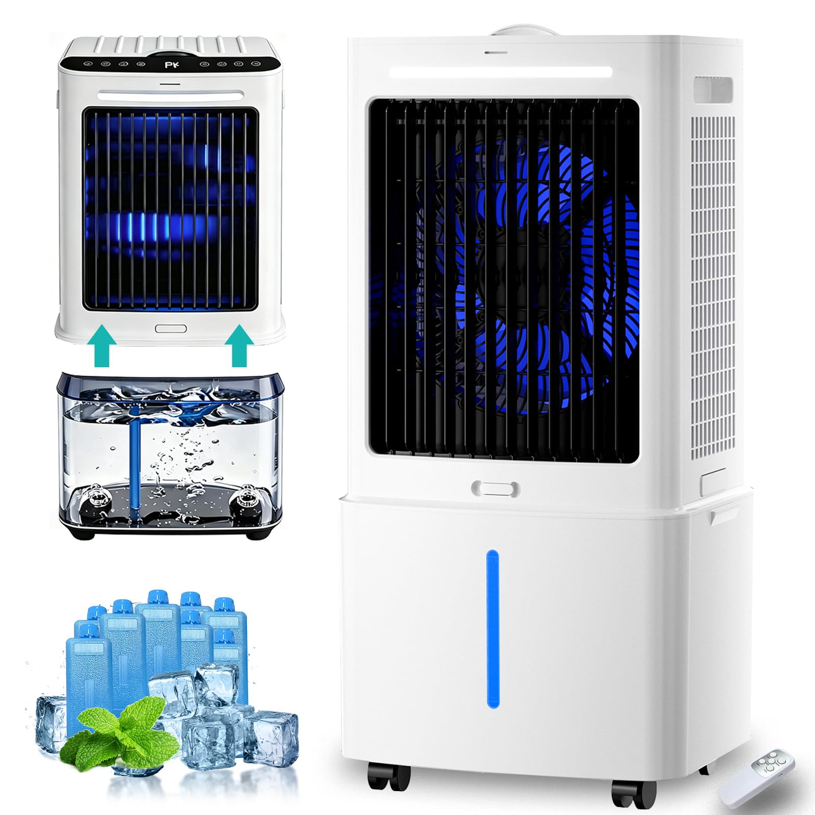 4-in-1 Windowless Portable Air Conditioners with 25 L Detachable Tank, Humidifying Swamp Cooler with 3 Speeds, 12 H Timer & 90°Oscillation, 6 Ice Boxes for Home, Office, Bedroom, White