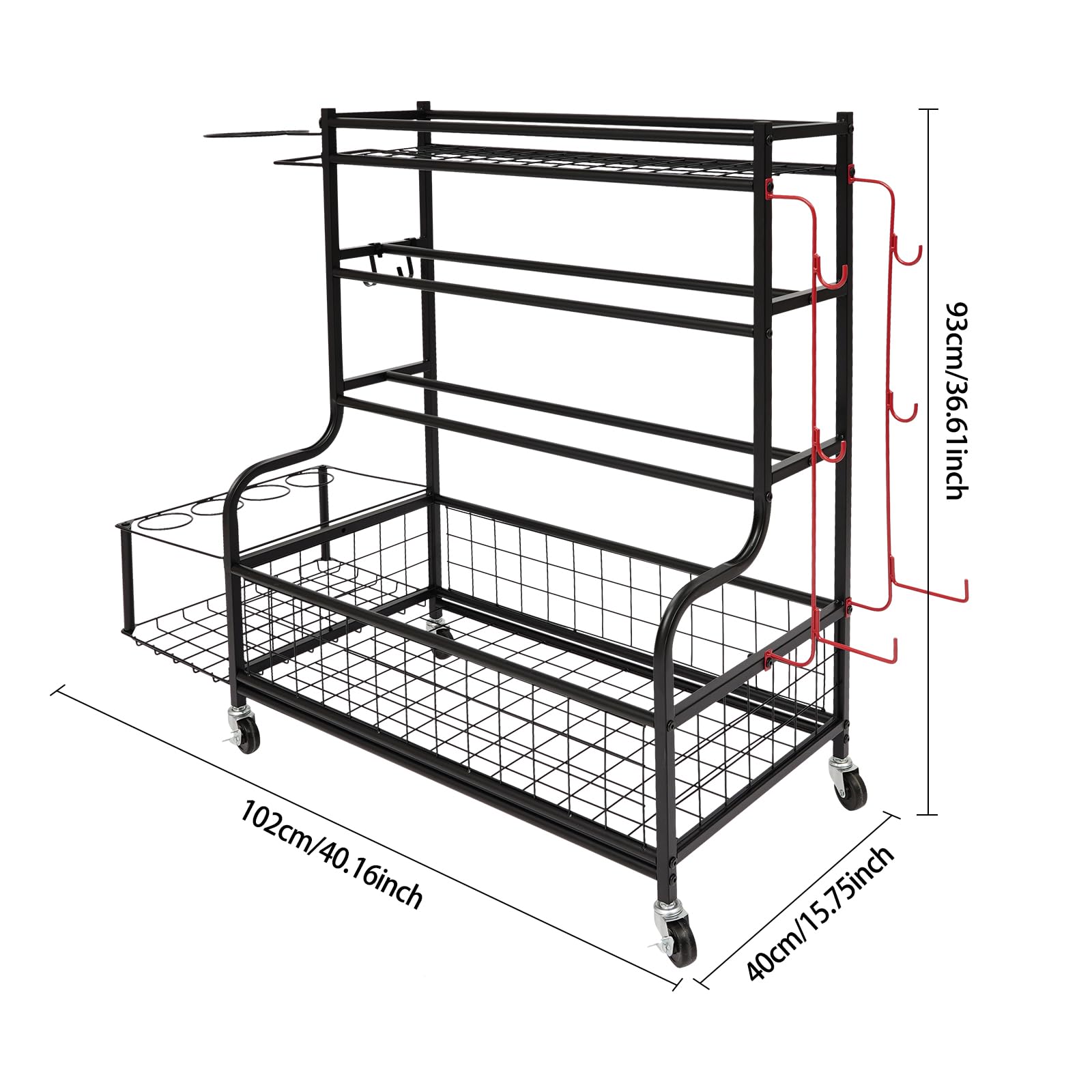Scaffale da palestra a 4 ripiani, con ruote, organizer multifunzione con ganci, per garage, soggiorni, palestre