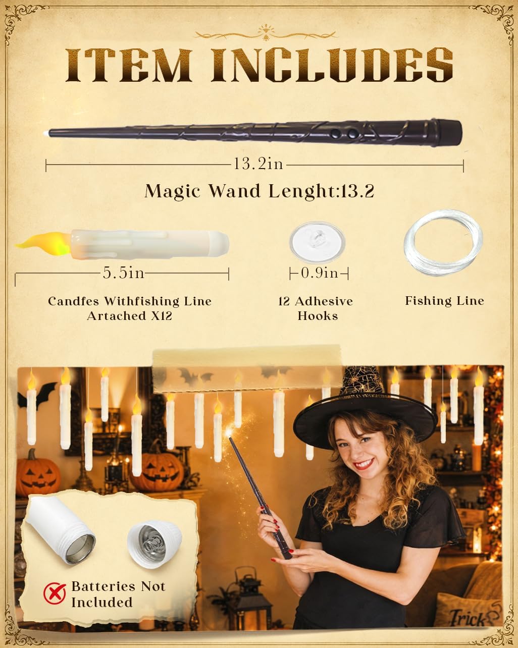 Flameless Floating Candles with Wand，20 Pcs Magic LED Hanging Taper Candles，Flickering Battery Operated Taper Candle with Wand Remote for Halloween Decorations image 3