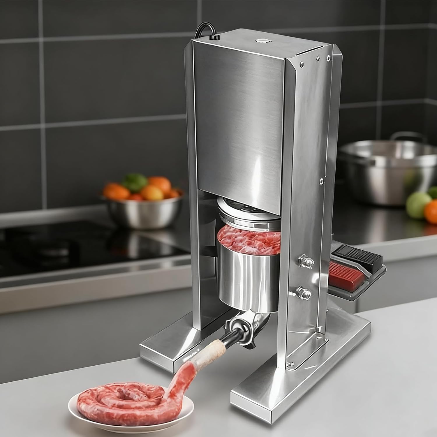 Electric Sausage Stuffer Machine, Foot Pedal Control Meat Stuffer with 3 Stuffing Tubes, 110V/220V Stainless Steel Sausage Maker for Home Kitchen, Embutidora De Chorizos