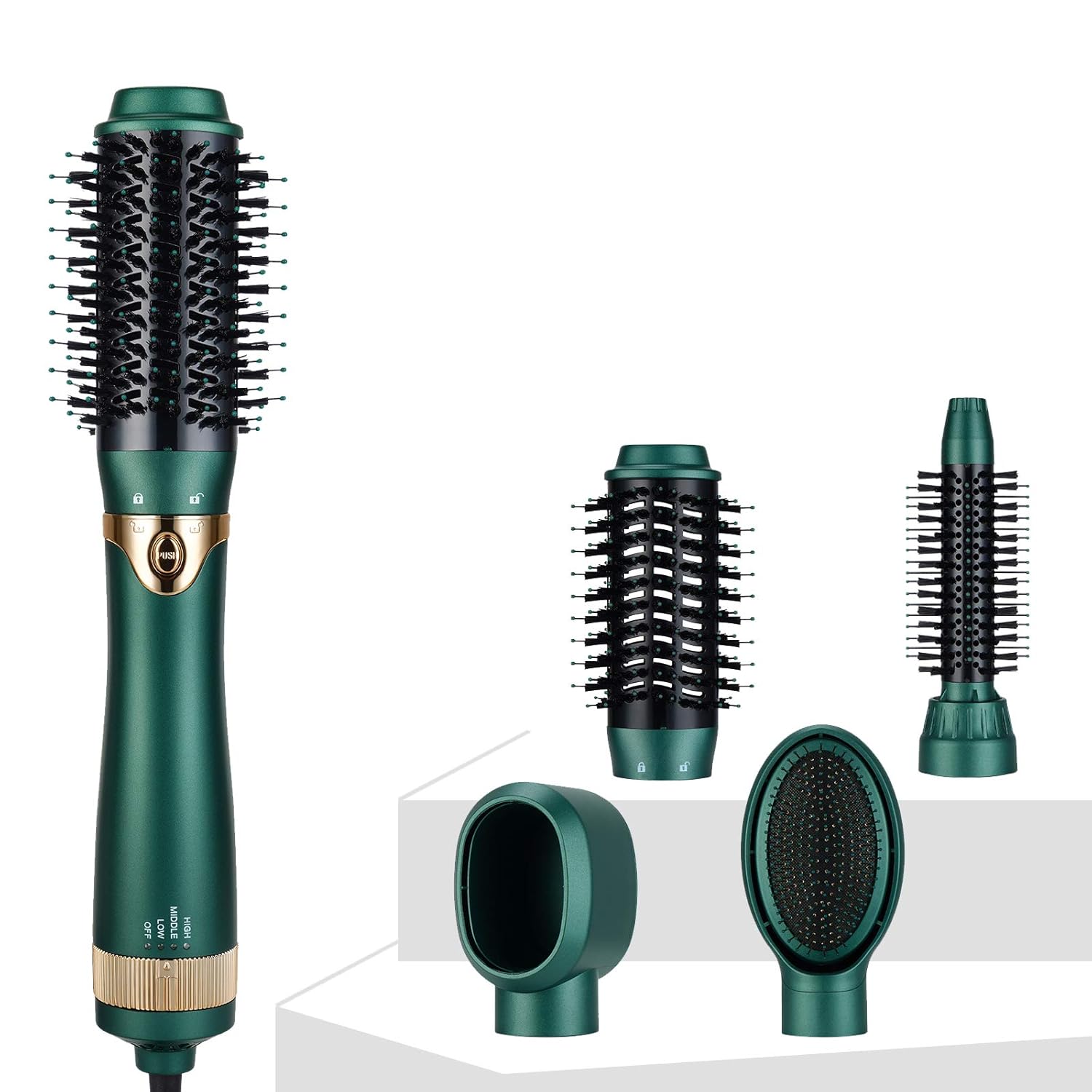 Hair Dryer Brush, Interchangeable Brush Head Hot Air Brushe Set, 4 in 1 Hair Dryer and Volumize with Negative Ion Reduce Frizz and Statics for Curling, Drying and Straightening (Green): Health & Personal Care