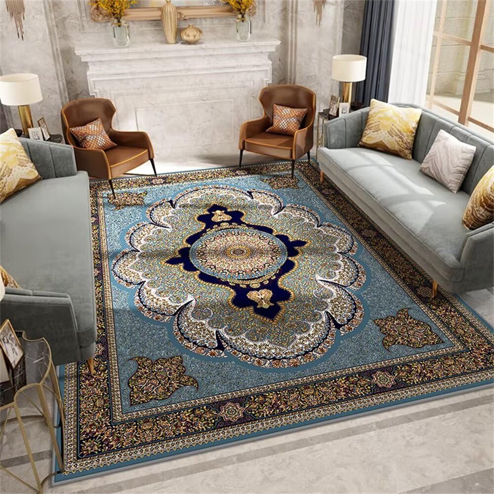Tapis design bleu rétro 150x200cm aux finitions haut de gamme