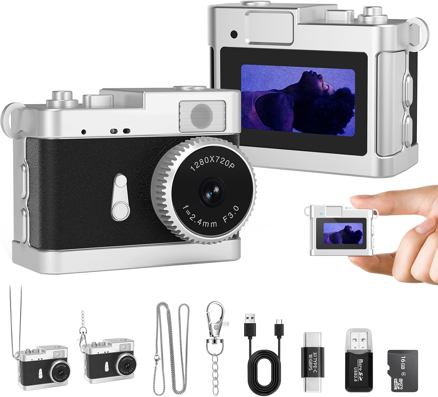 Keychain Camera, 16GB Mini Digital Camera with Built-in Flash & Retro Filters, Pocket Mini Camera for Travel, Vlogging, Bag Charm, Birthday Gifts