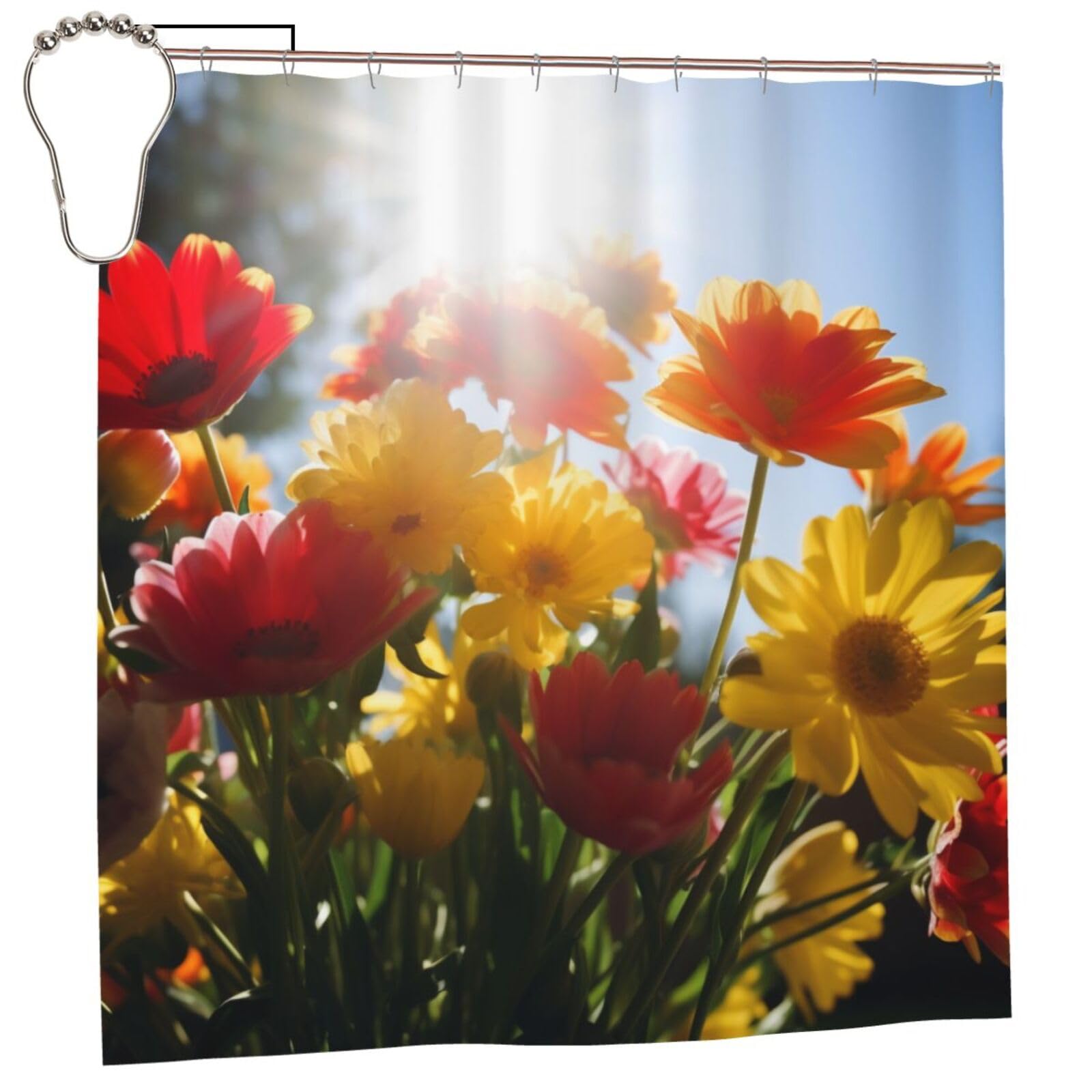 BWWHCCTI Flowers in Sunshine Printed Shower Curtain With 12 Iron Hooks Opaque Quick Drying Waterproof Shower Curtains Sets For Bathroom 183x183 CM