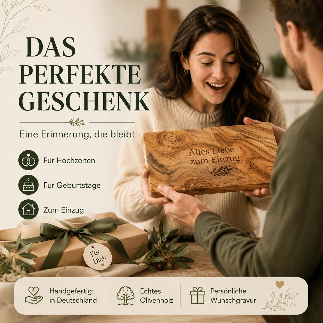 Schneidebrett personalisiert, Olivenholz - Rechteckiges Holzbrett mit Gravur (30 x 15 cm)
