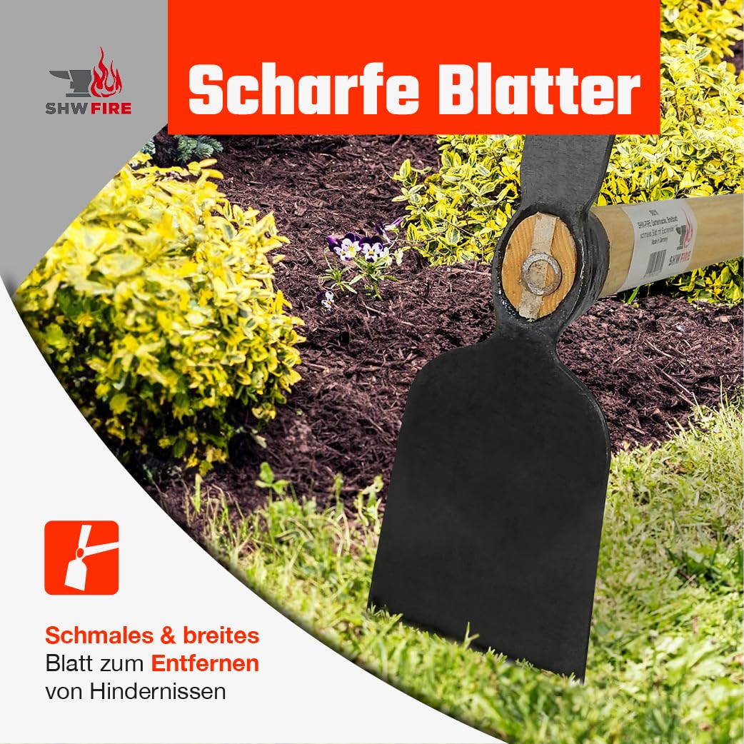 SHW-FIRE | Hochwertig geschmiedete Doppelhacke, breites und schmales Blatt, robuster 135 cm Eschenholzstiel, ideal für Graben, Umpflanzen & Beetpflege | Made in Germany