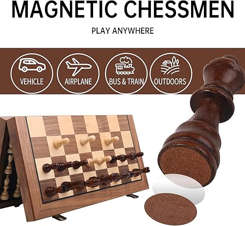 Miniatura 5 de Ajedrez Juego de ajedrez magnético de 15 pulgadas, tablero de viaje plegable con bolsa de almacenamiento, juegos de ajedrez de madera portátil para
