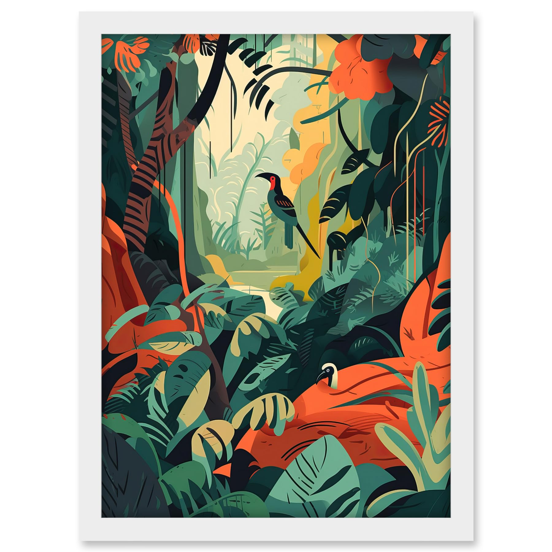 Artery8 Amazon Rainforest Diverse Flora and Tropical Birds Artwork Framed A3 Wall Art Print
