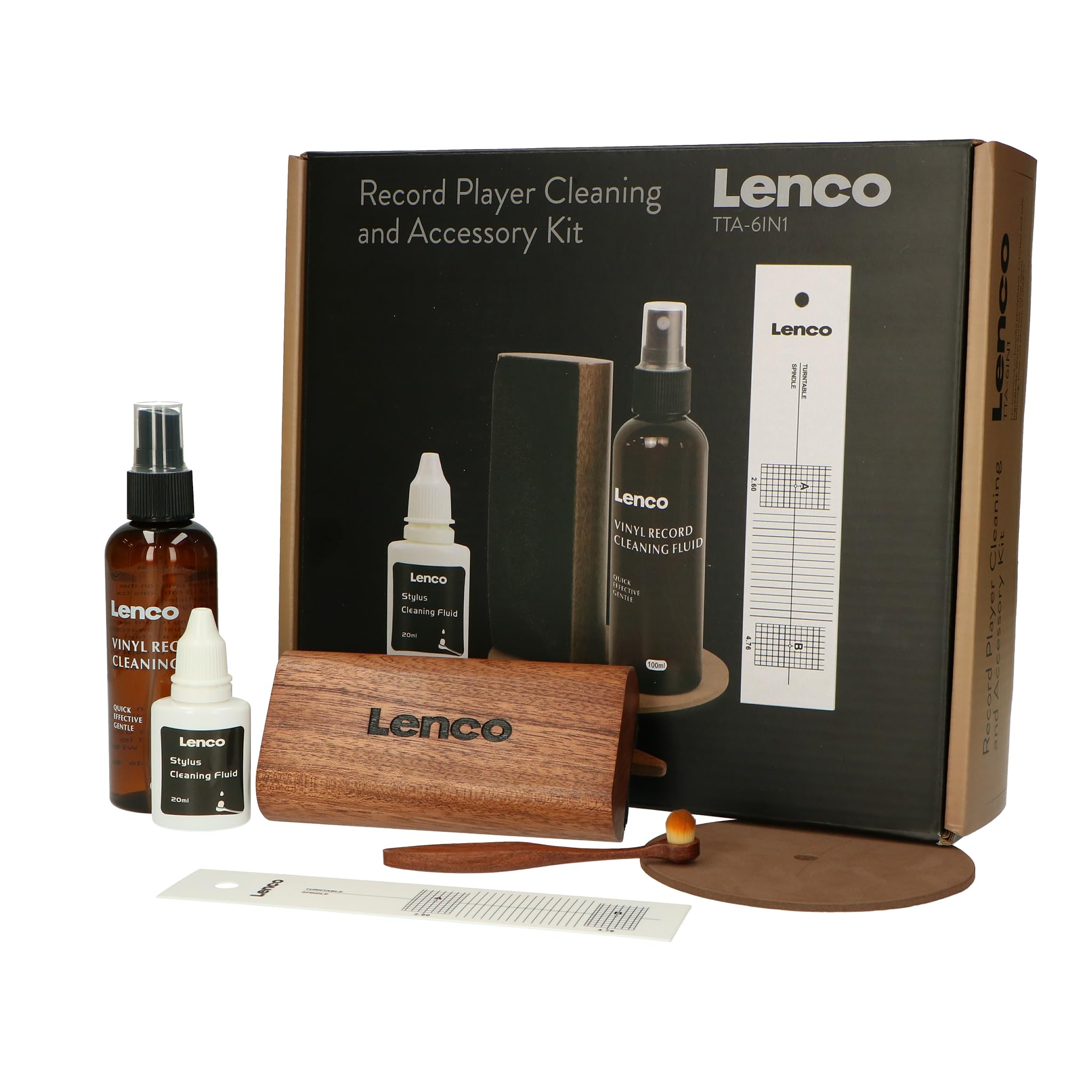 Lenco TTA-6IN1-6-in-1 Plattenspieler-Zubehörset - Deluxe-Set für Schallplattenreinigung - Hochwertiges Holz