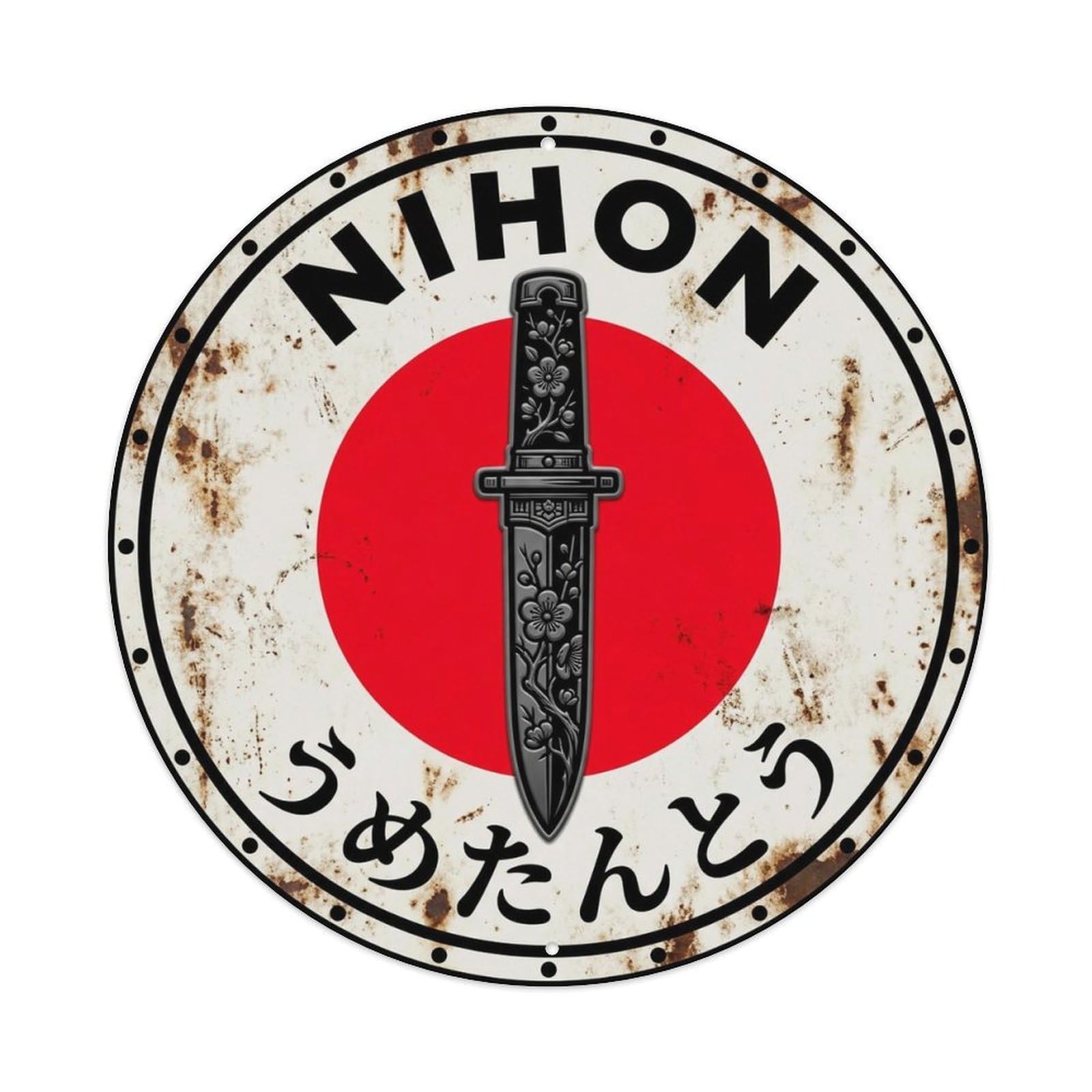 Plum Dagger Nihon Spring Flower Historic Patina Badge Metal Tin Sign Plaque Wall Decor for Cafe, Man Cave, Club Bar, Office, Home Garden Round Metal Poster 8x8Inch