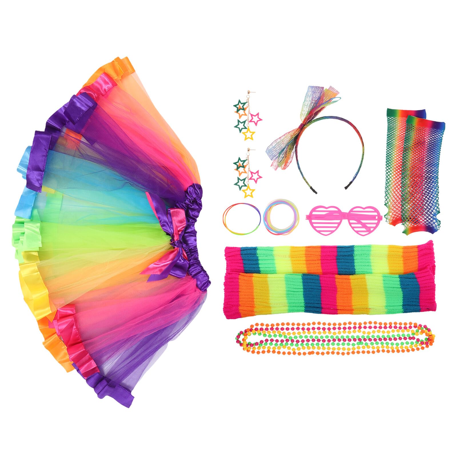 OUNONA Ensemble Déguisement Années 80 Femme 9 Pièces Arc-en-Ciel Fluo Tutu Court en Tulle Guêtres Moufles Résille Bandeau et Boucles D’Oreilles pour Soirée Carnaval Néon