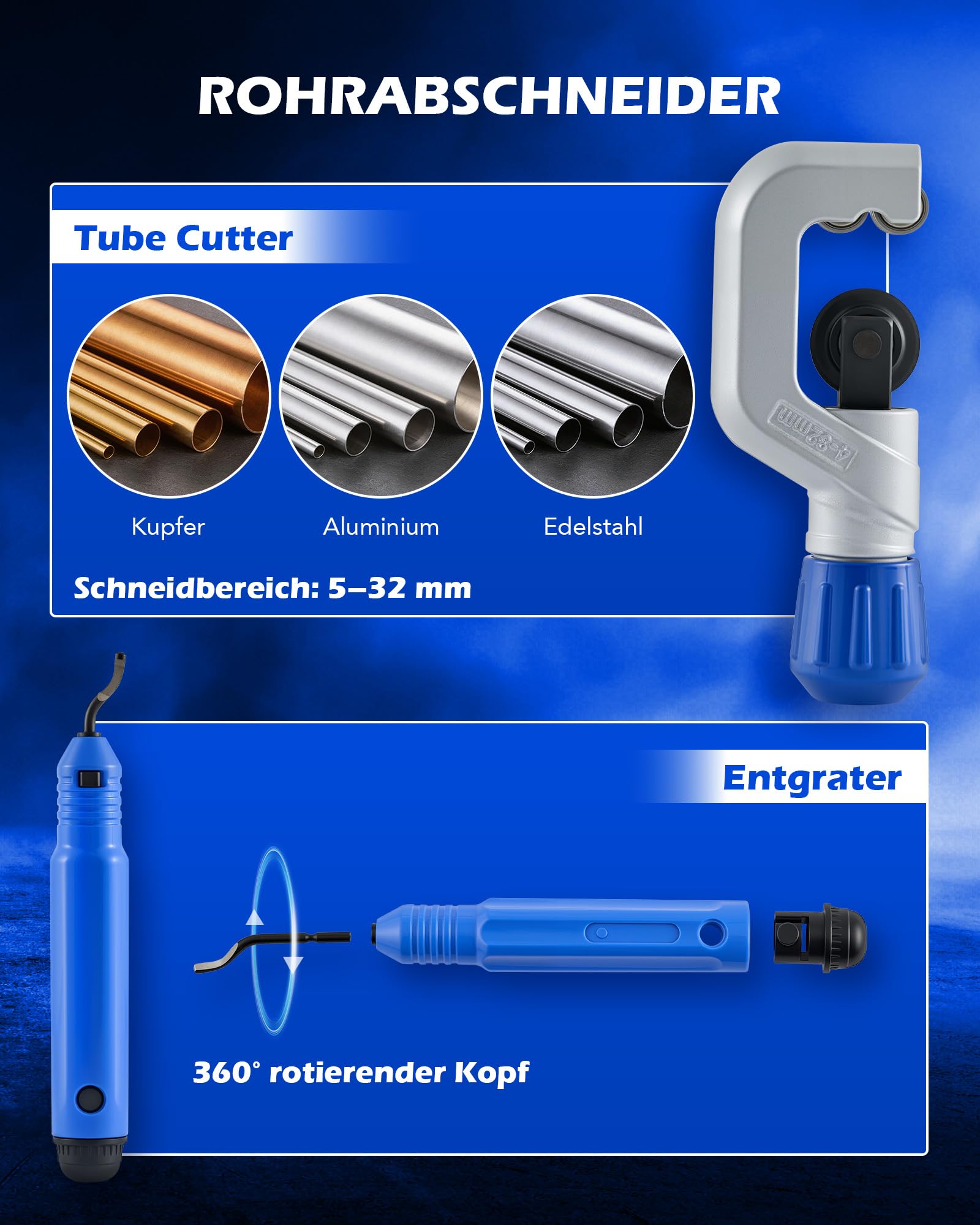 Orion Motor Tech HVAC Bördelgerät-Set, Magnetische Höhenbegrenzung 1/4"-3/4" & 6-19 mm Rohr-Bördelwerkzeug für 45° Exzentrische Einzelbördel, Set mit Rohrabschneider & Entgrater