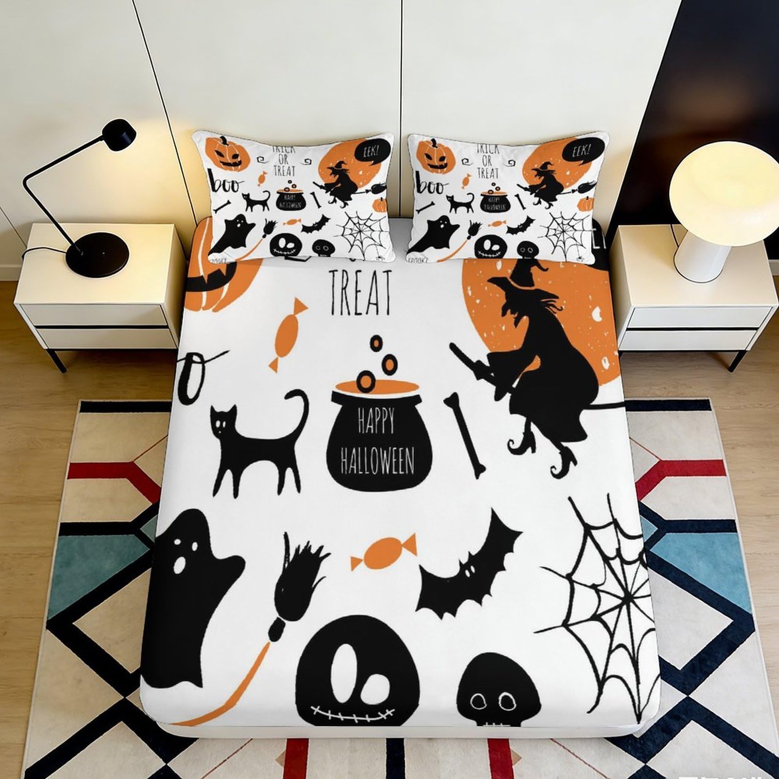 Pnayamiorkfel Style-8 3D Printed Halloween Witch Fitted Sheet Microfiber Soft Decorative Pumpkin Ghost Bed Cover For Bedroom Dorm Room 90X200x25cm