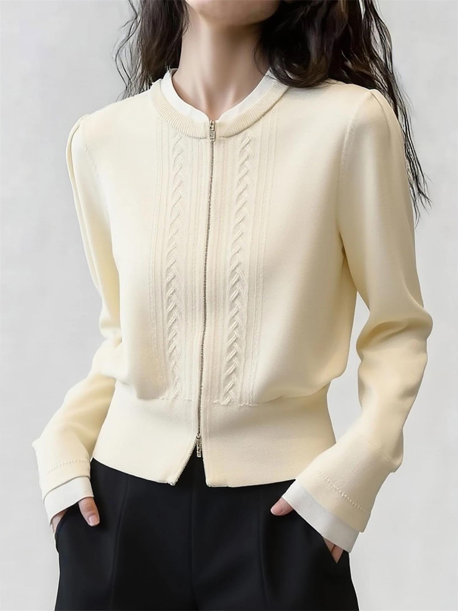Suéter tipo cárdigan con cremallera para mujer, cuello redondo, doble cremallera, ajuste delgado, para otoño y primavera, elegante chaqueta de manga larga