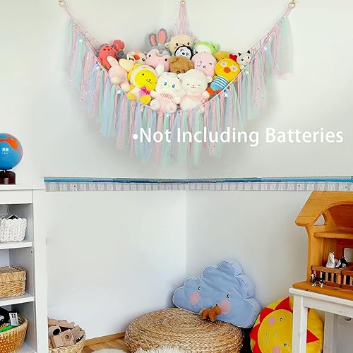 Miniatura 7 de Stuffed Animal Hammock with LED Lights - 59 Inch Large Toy Storage Net for Kids Bedroom, Wall-Mounted Plush Organizer with Wooden Rings, Nursery