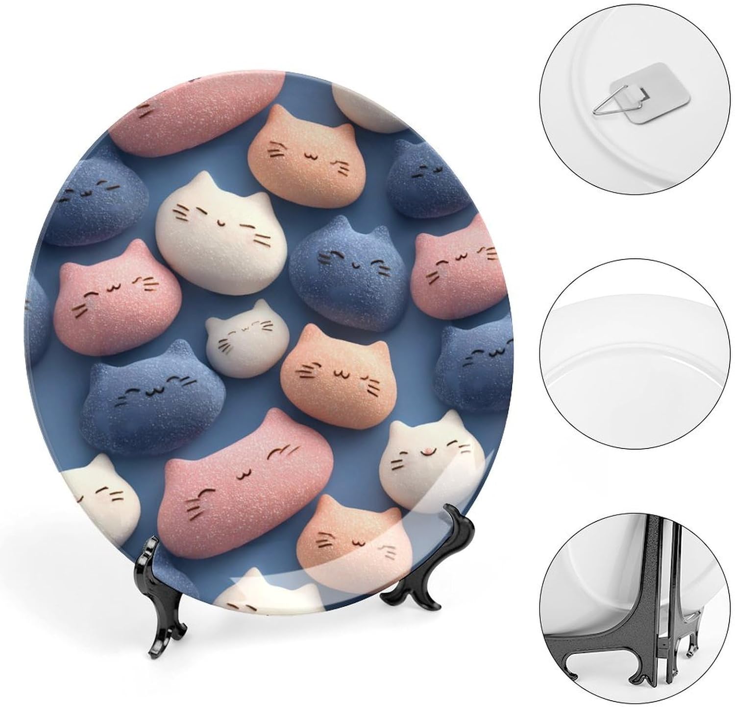 Cute Cat Shaped Mochi Novelty Decorative Plate with Display Stand Ceramic Ornament Hanging Wall Decor