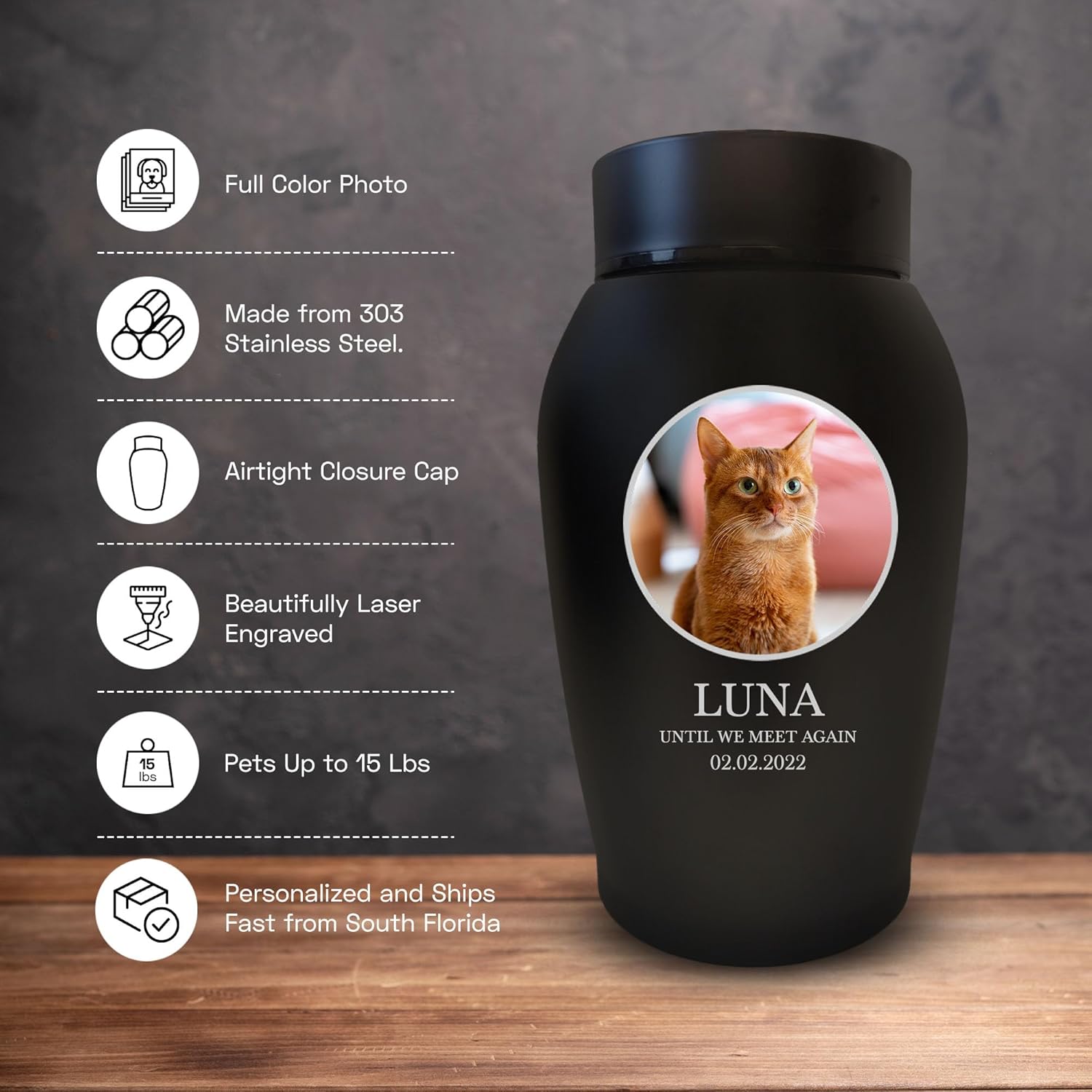 Personalized Custom Photo Cat Urn Engraved Cat Name and Date Stainless Steel Cremation Urns for Cats Ashes with Pet Photo and Designed Border | Pets Up to 15 Lbs | Small 5.2" x 3" | Black