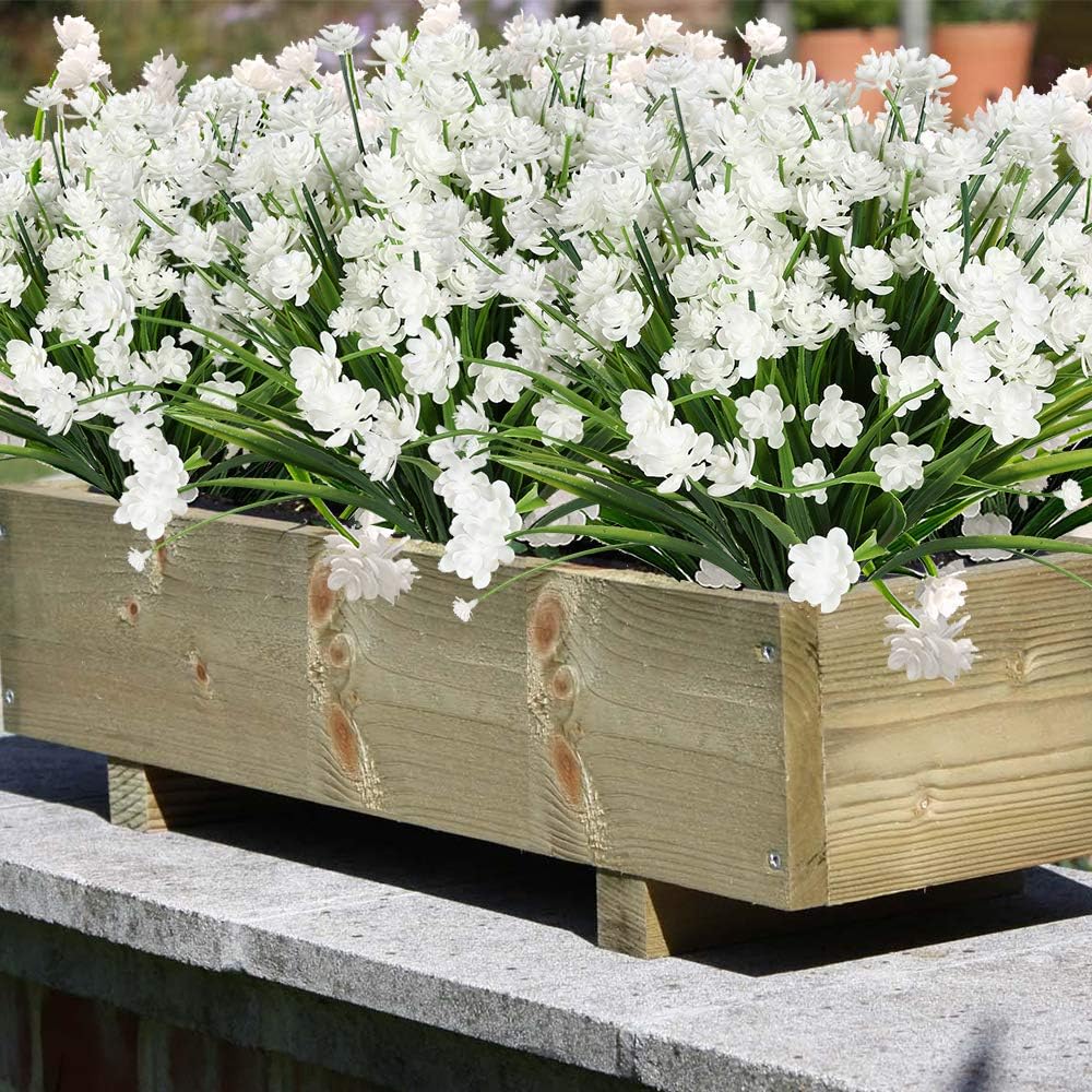 20 Bundles Artificial Outdoor Flowers Fake UV Resistant No Fade Greenery Faux Plants Shrubs for Indoor Outside Hanging Planter Home Office Wedding Farmhouse Decor (White)