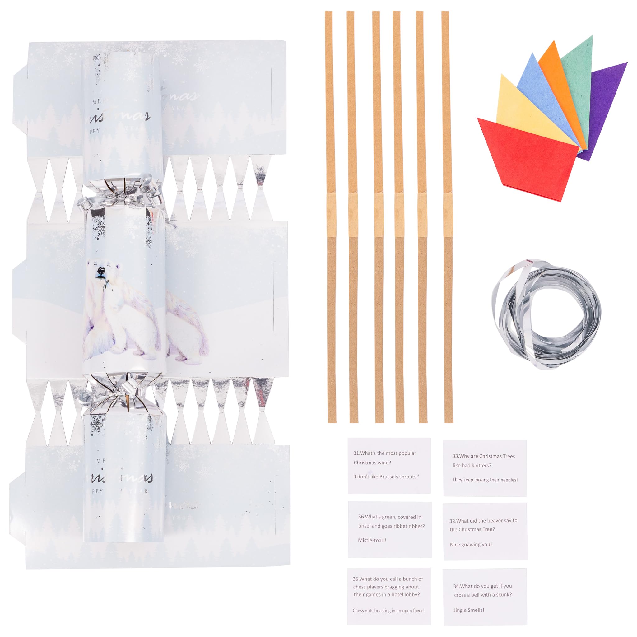 evelay Make Your Own Christmas Cracker Kit - Pack of 6 Festive DIY Crackers with Hats, Jokes & Ribbons - Personalise Your Own Fillers - Fun Xmas Craft Activity (Polar Bear)