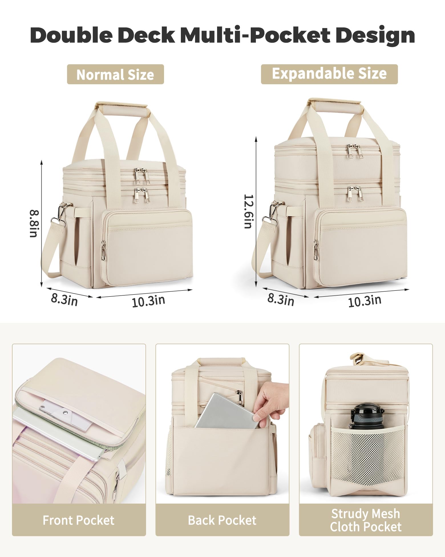 Insulated Lunch Bag & Lunch Box for Women - Double Deck Reusable Lunch Bag for Men Tote Cooler Bag Leakproof Soft Expandable - Large Lunchbox for Work/Adult/Picnic/Outdoor(Cream?15L)