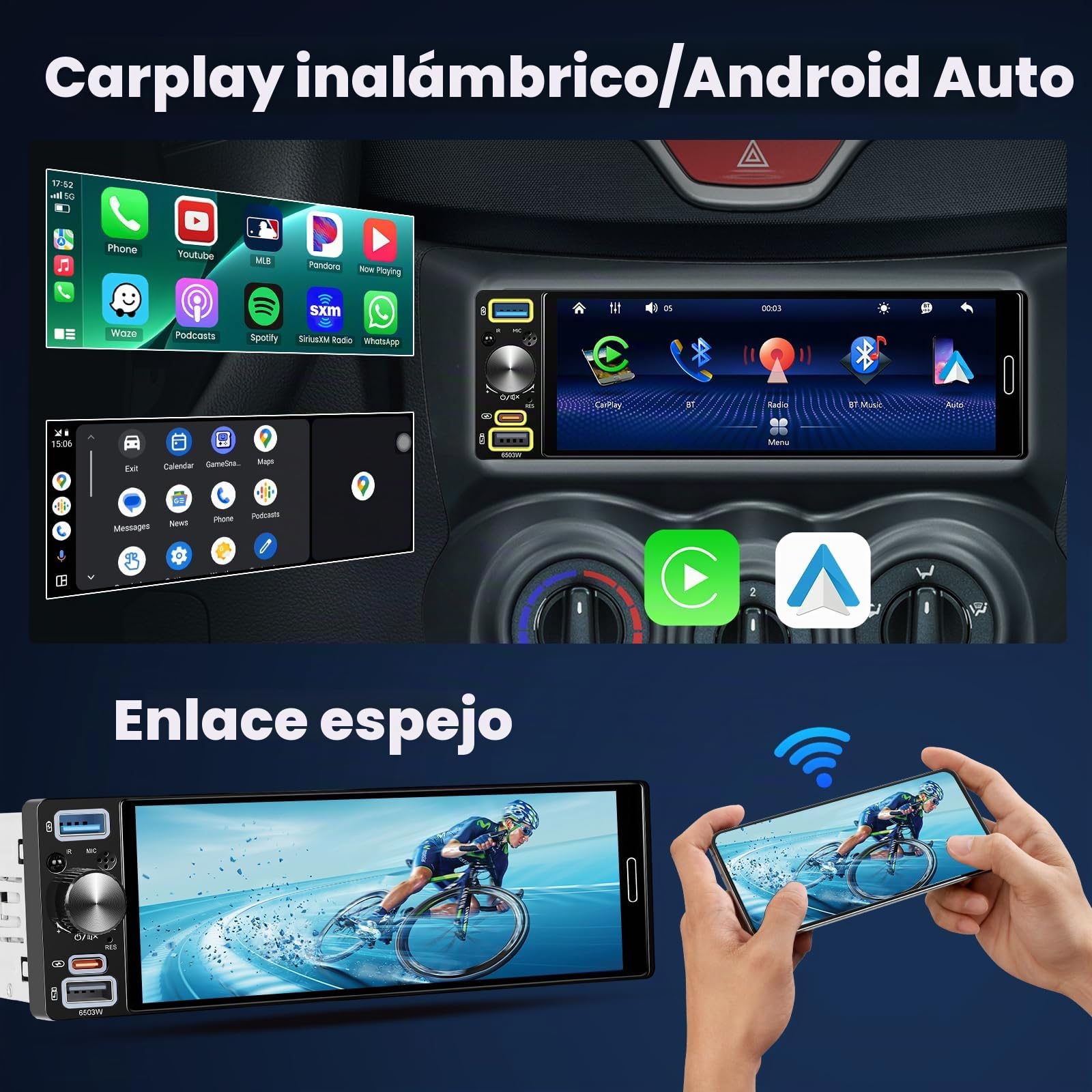 Hikity 6.5" 1 DIN CarPlay Radio Coche con Bluetooth FM RDS | Incell Pantalla Táctil Android Auto Cámara Trasera Mirror Link EQ Control del Volante USB AUX