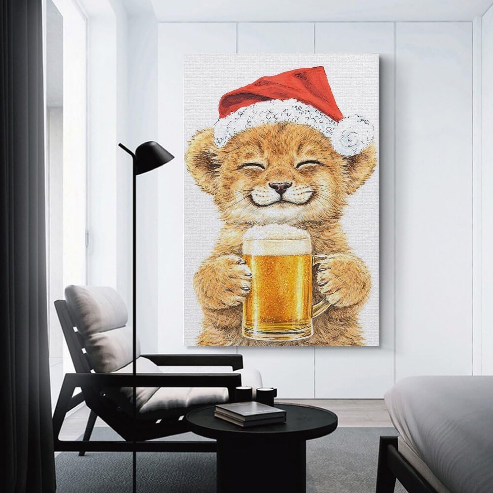 Junmoney Lion Cub in Santa Hat with Beer Wall Decor Canvas Print 20x30inch(50x75cm), for Lounge, Study, Hallway Or Flat Walls, Decorative Artwork with Broad Appeal