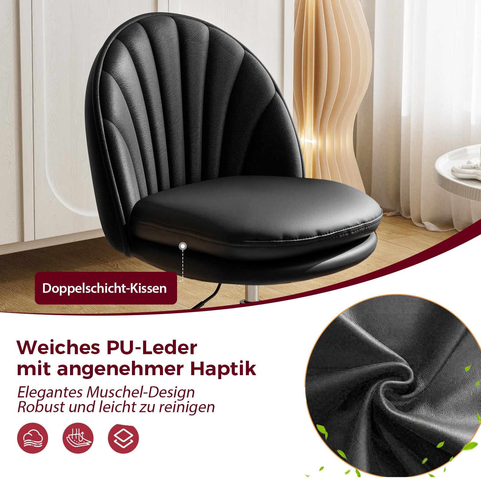 COMHOMA Homeoffice Stuhl, Schminkstuhl, Schreibtischstuhl ohne Armlehnen, Drehstuhl mit Rückenstütze, Bequemer Bürostuhl auf Rollen, Höhenverstellbarer Home Office Stuhl,Kunstleder schwarz